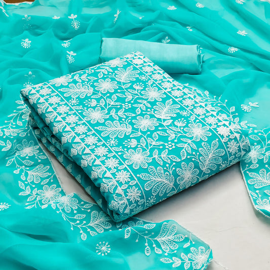 Georgette Embroidery Work Dress Material Set for Women with Santoon Bottom & Inner and Matching Dupatta | Unstitched Salwar Suit Fabric (Top 2m, Bottom & Inner 3.6m, Dupatta 2.1m)