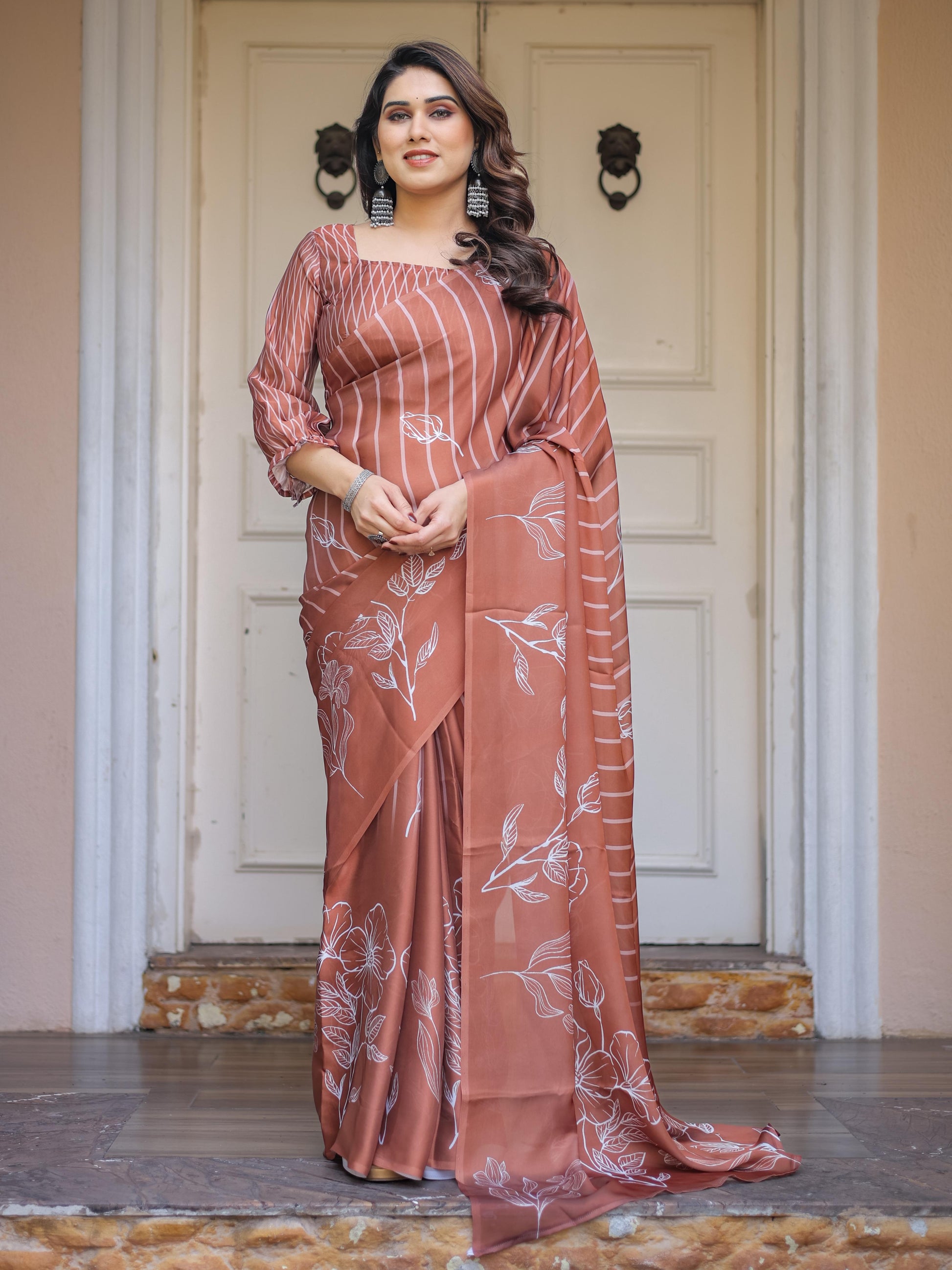 Rust Brown Striped Printed Satin Georgette Saree with Designer Blouse | Elegant Party Wear Saree for Women