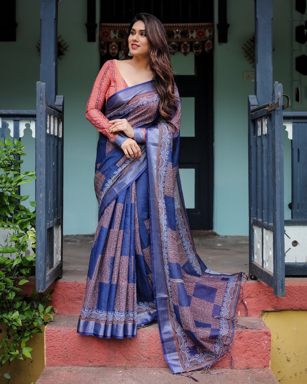 Navy Blue & Red Pure Cotton Linen Saree and Tassels on Edges With Unstitched Blouse