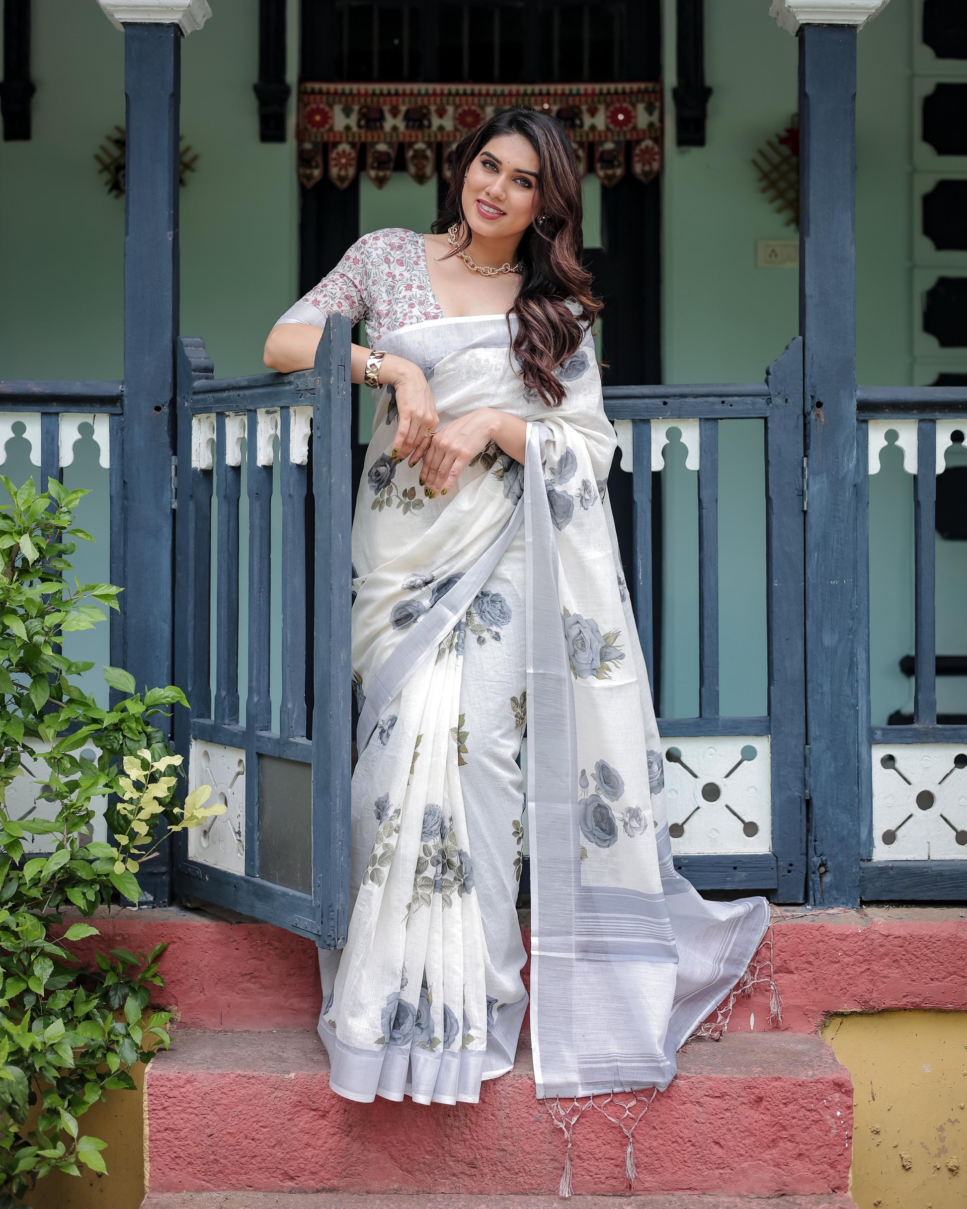 White and Grey Pure Cotton Linen Saree with Floral Print And Tassel Detailing With Unstitched Blouse