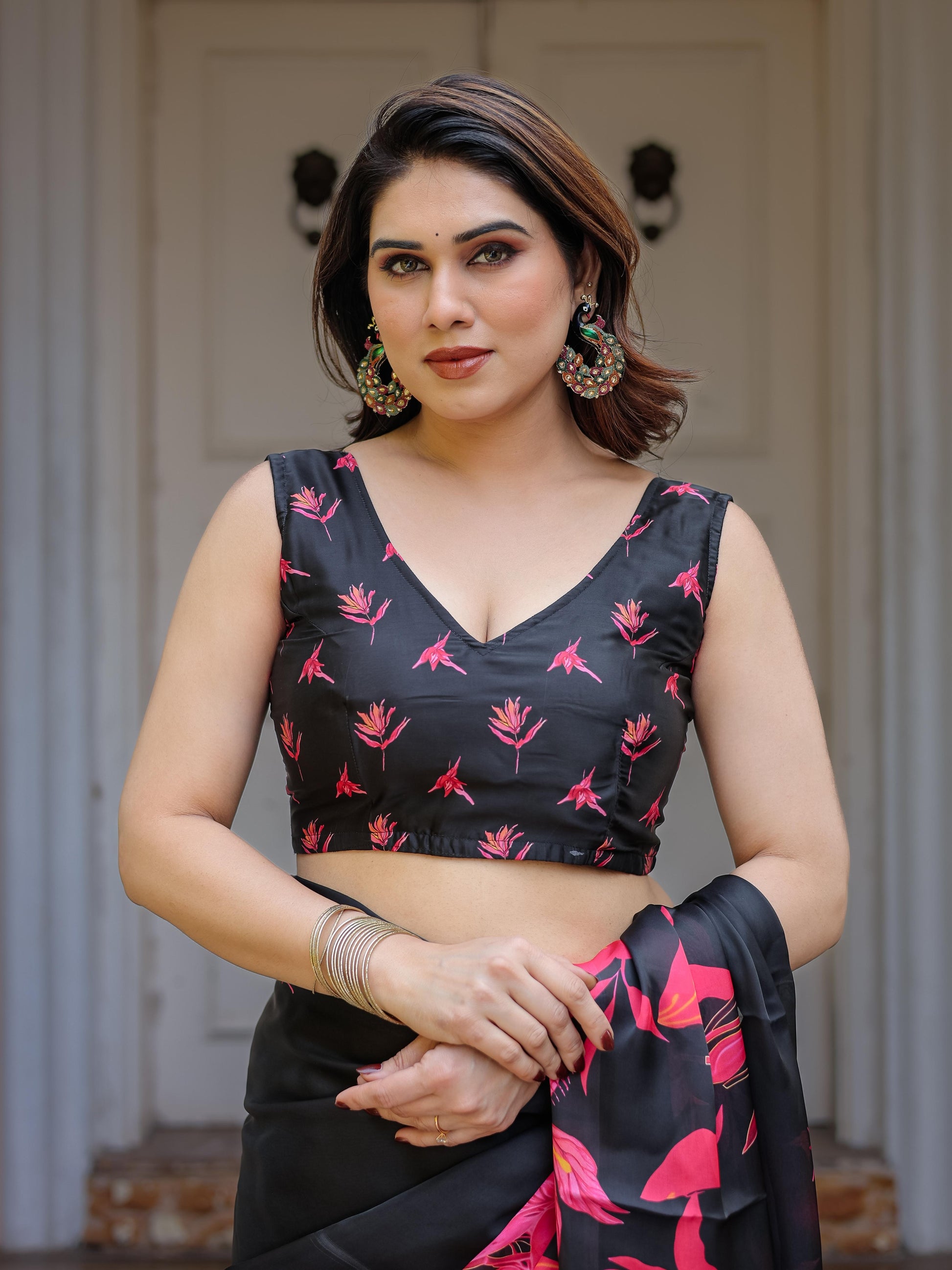 Black Red Floral Printed Satin Georgette Saree for Women with Designer Blouse | Elegant Party Wear Saree