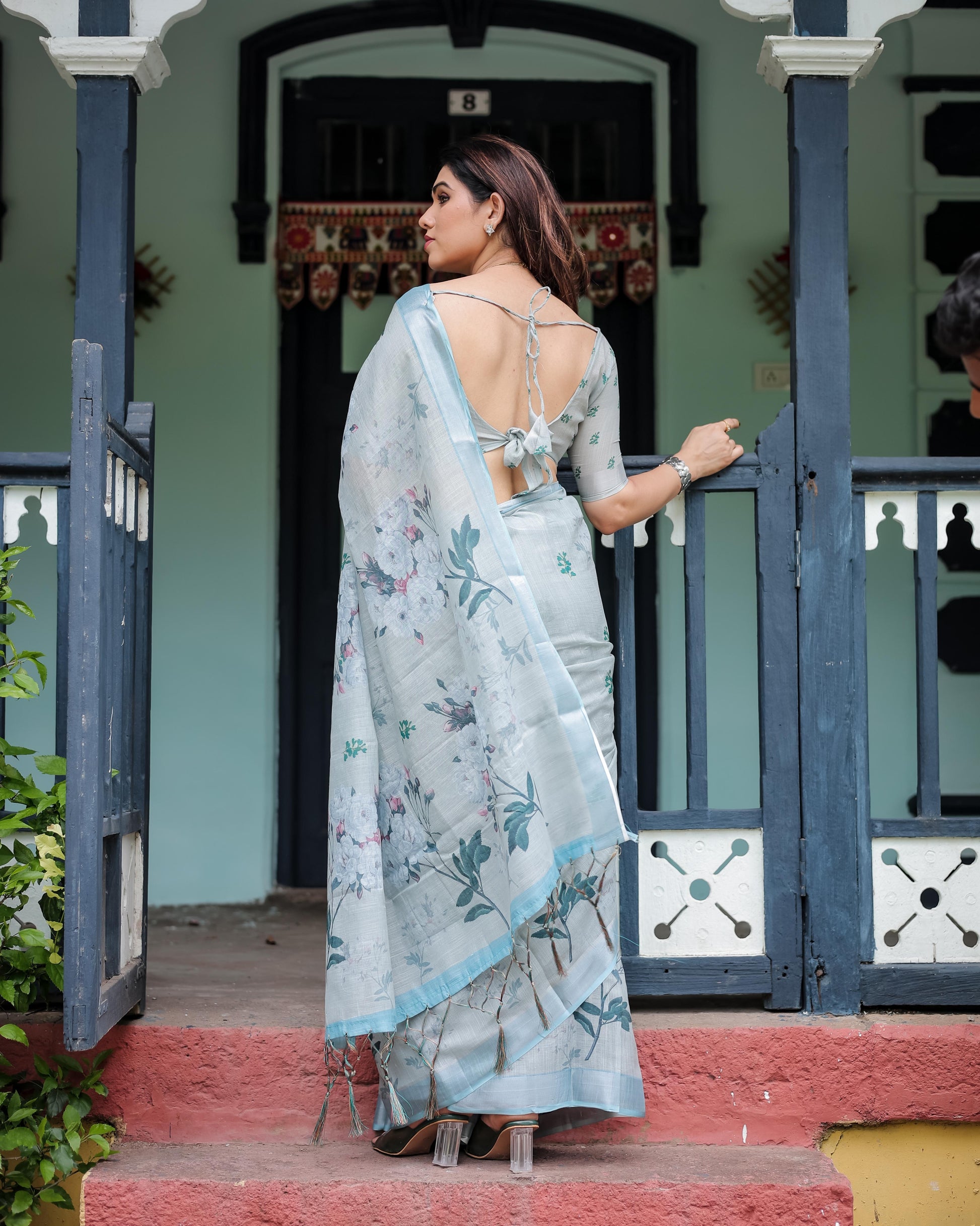 Pastel Grey Pure Cotton Linen Saree with Floral Print, , and Tassel Detailing With Unstitched Blouse
