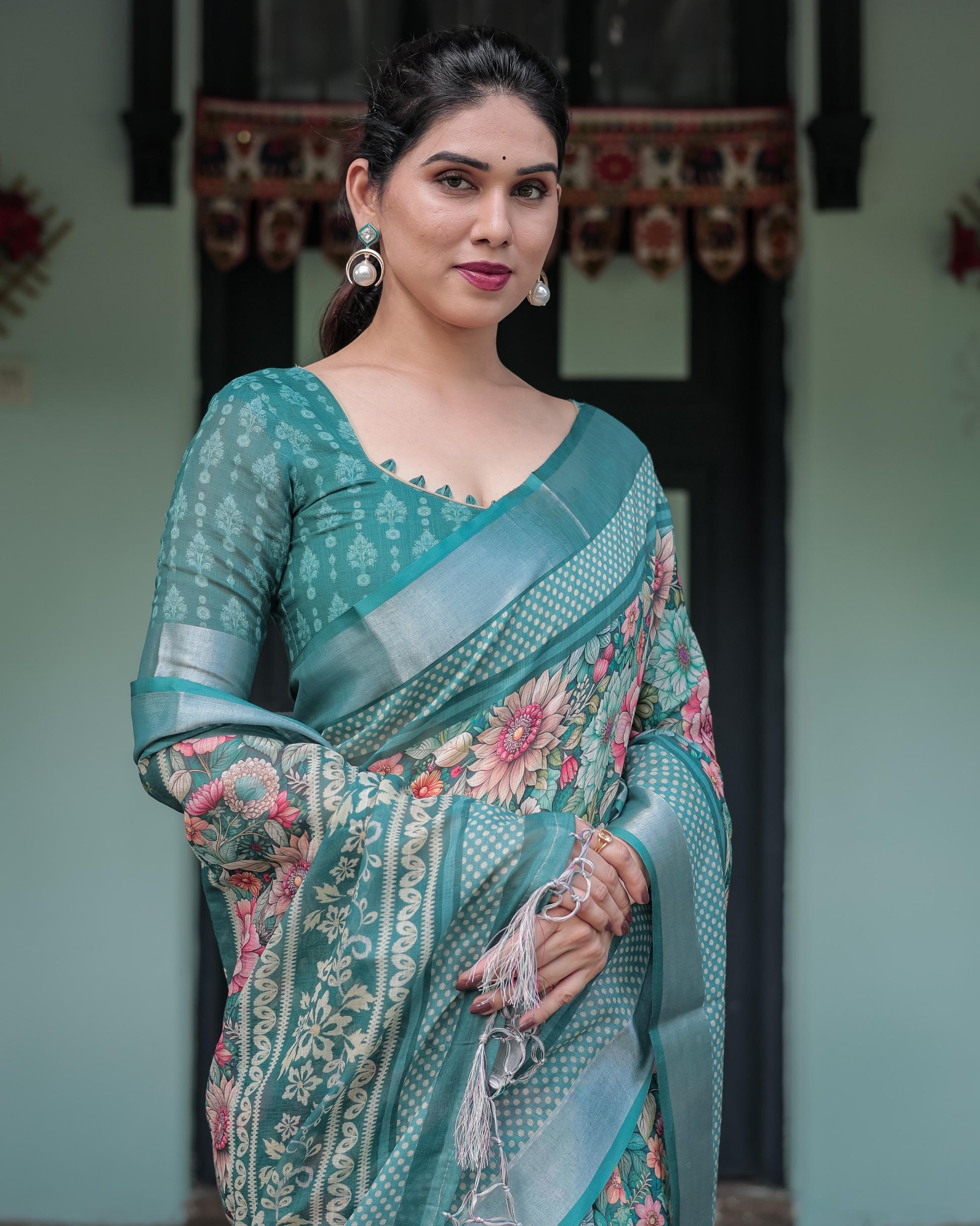 Teal Green Linen Floral Printed Saree with Rich Border Design and Tassel Detailing with Unstitched Blouse for Women