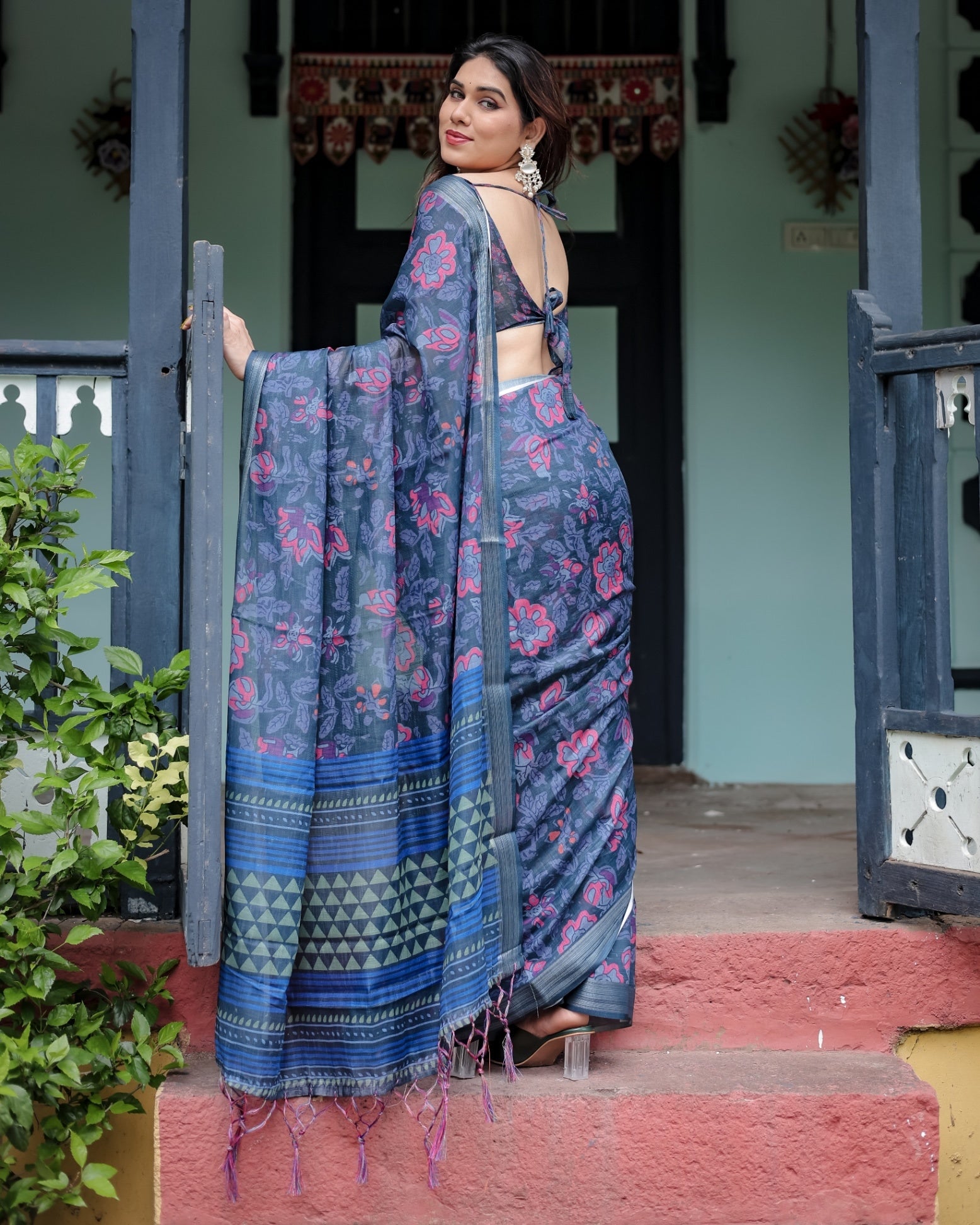 Navy Blue Pure Cotton Linen Saree with Floral Print, , and Tassel Detailing With Unstitched Blouse