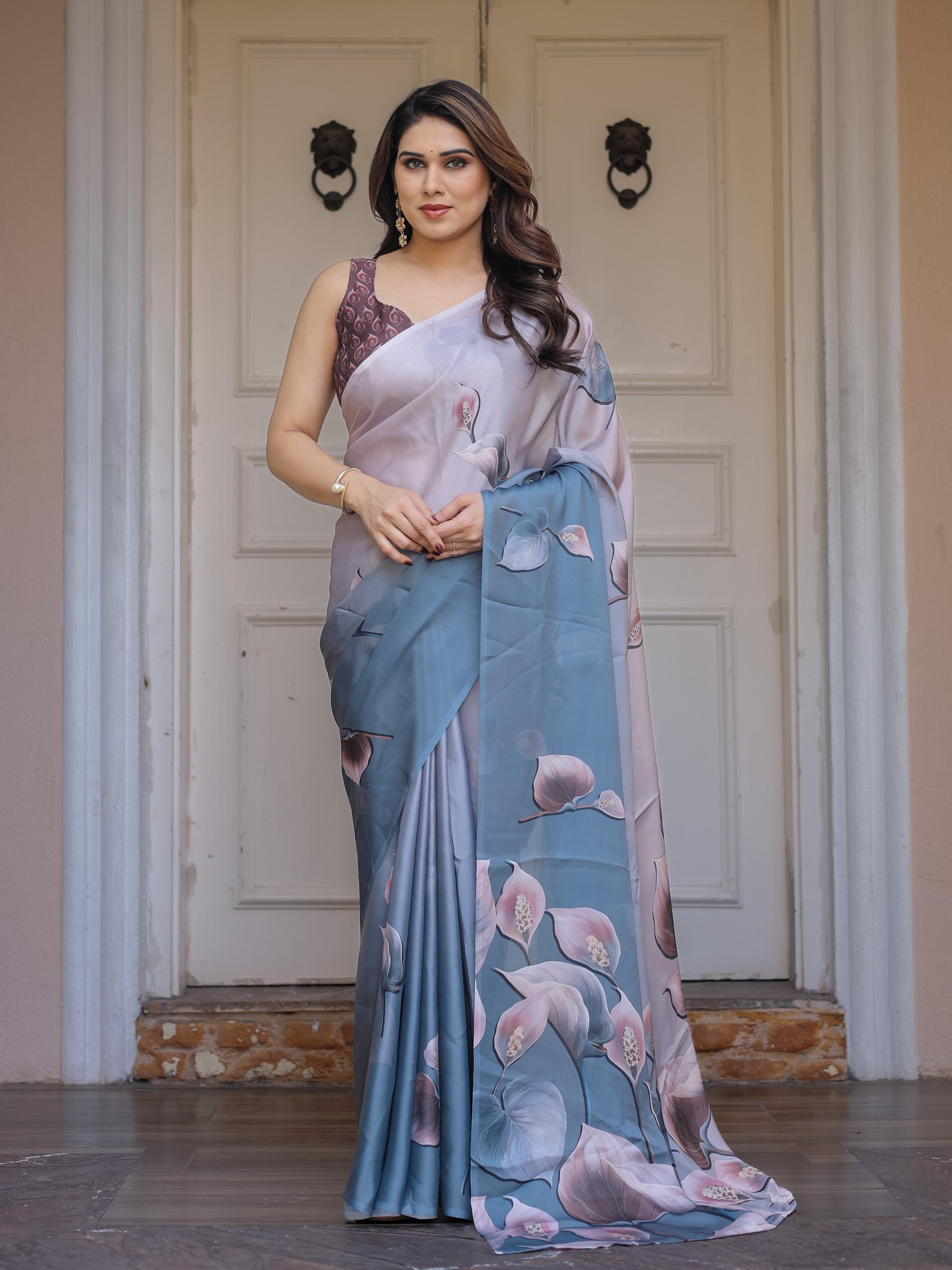 Grey Floral Print Satin Georgette Saree with Designer Blouse for Women | Elegant Soft Party Wear Saree