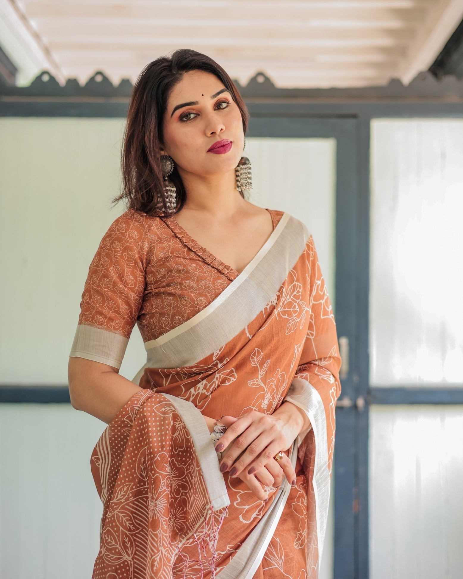 Terracotta Brown Floral Handprinted Pure Cotton Linen Saree Tassels With Unstitched Blouse