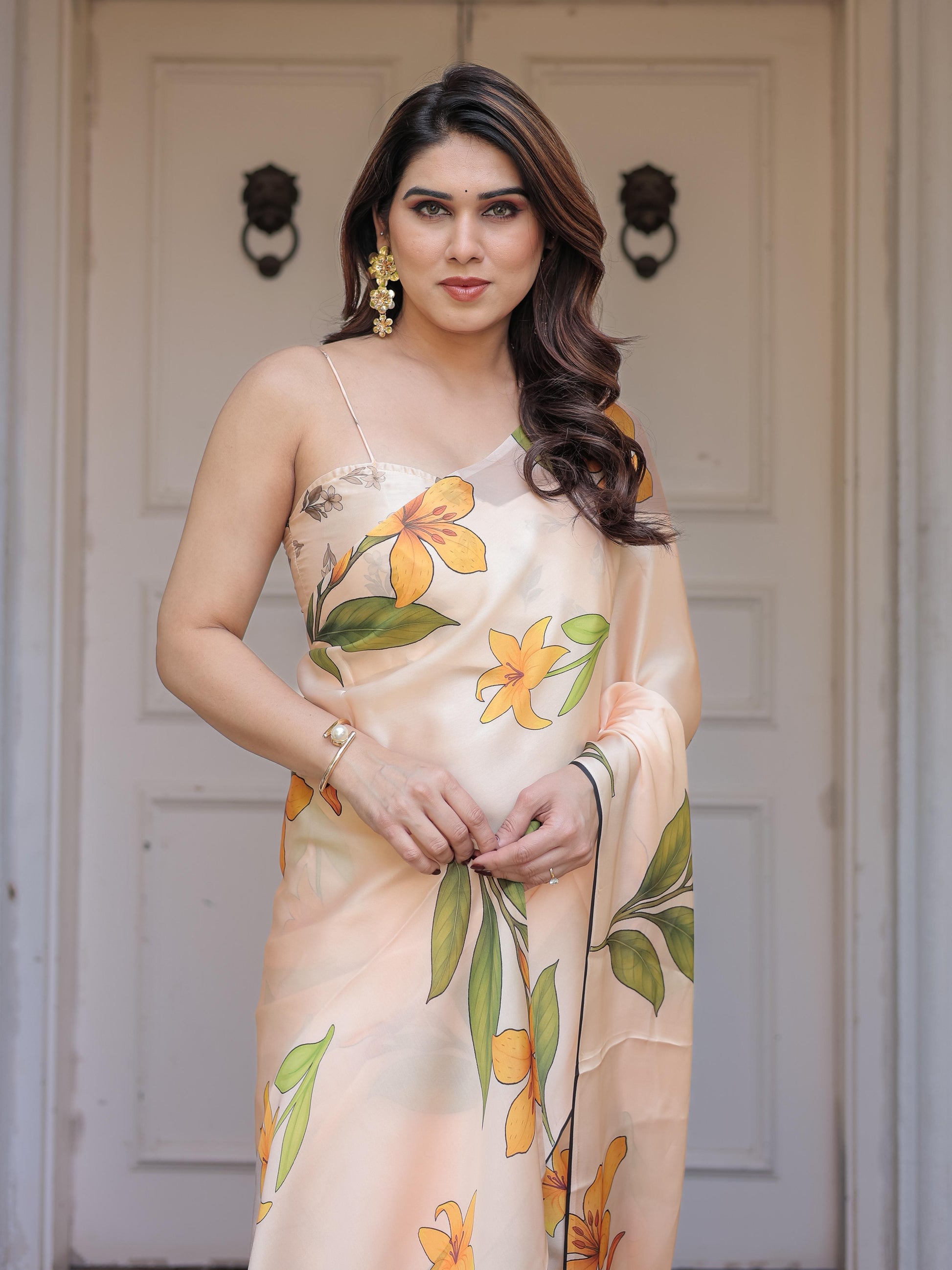 Peach Satin Georgette Floral Printed Saree with Designer Blouse for Women | Elegant Party Wear Saree