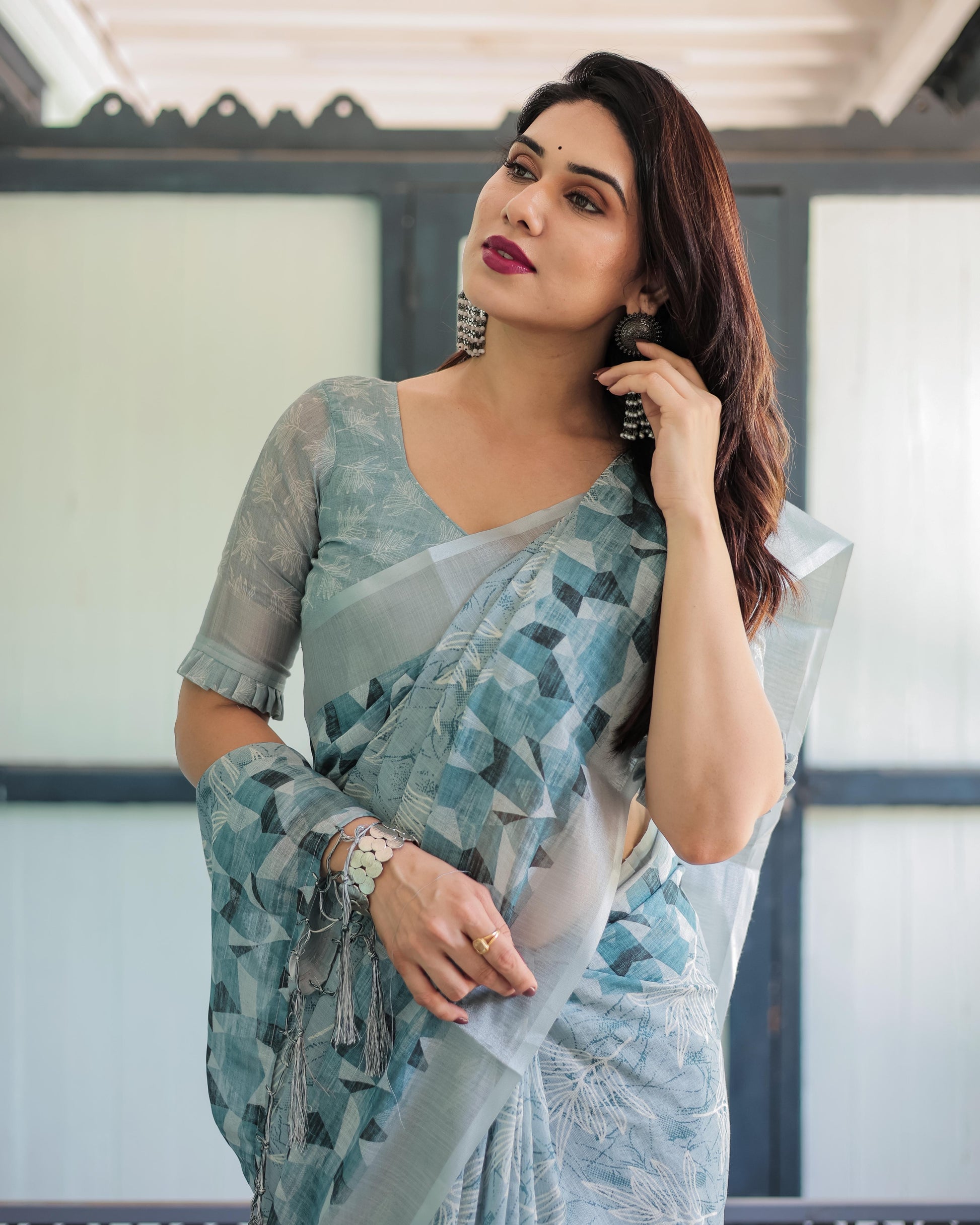 Light Blue Pure Cotton Linen Saree with Geometric and Floral Patterns And Tassels With Unstitched Blouse