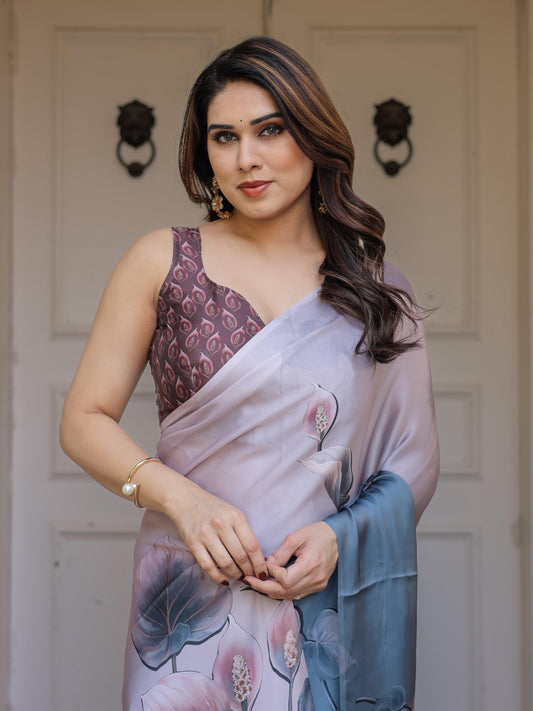 Grey Floral Print Satin Georgette Saree with Designer Blouse for Women | Elegant Soft Party Wear Saree