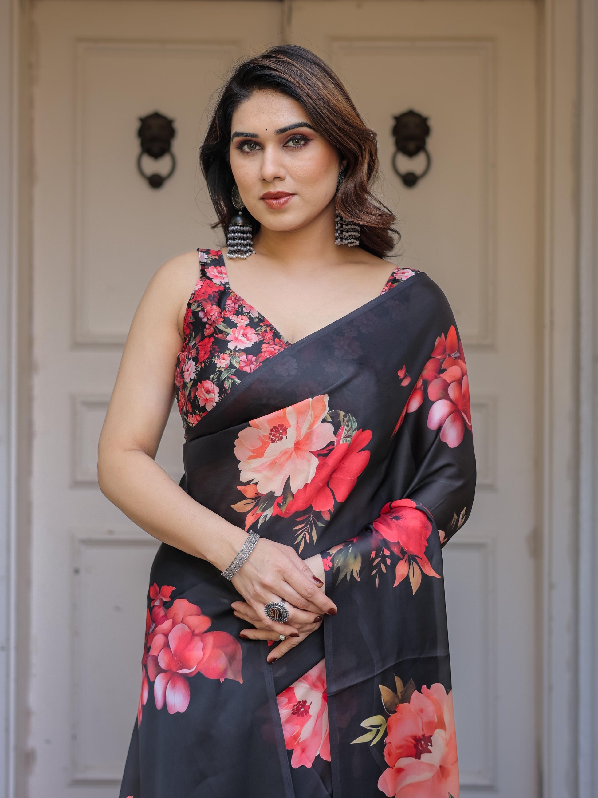 Black Floral Print Satin Georgette Saree with Red Flower Design | Elegant Designer Party Wear Saree