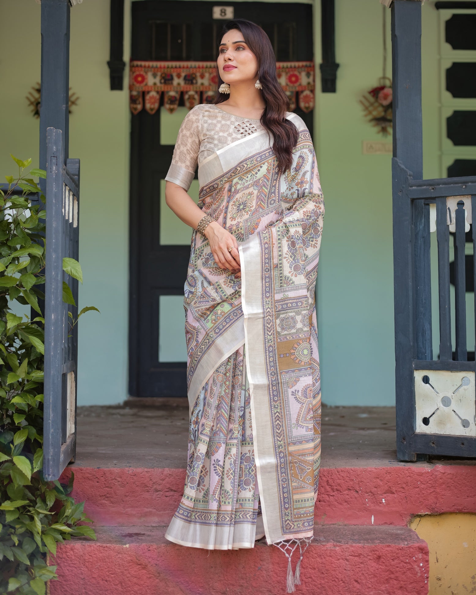 Cream and Pastel Multicolour Printed Pure Cotton Linen Saree and Tassels on Edges With Unstitched Blouse