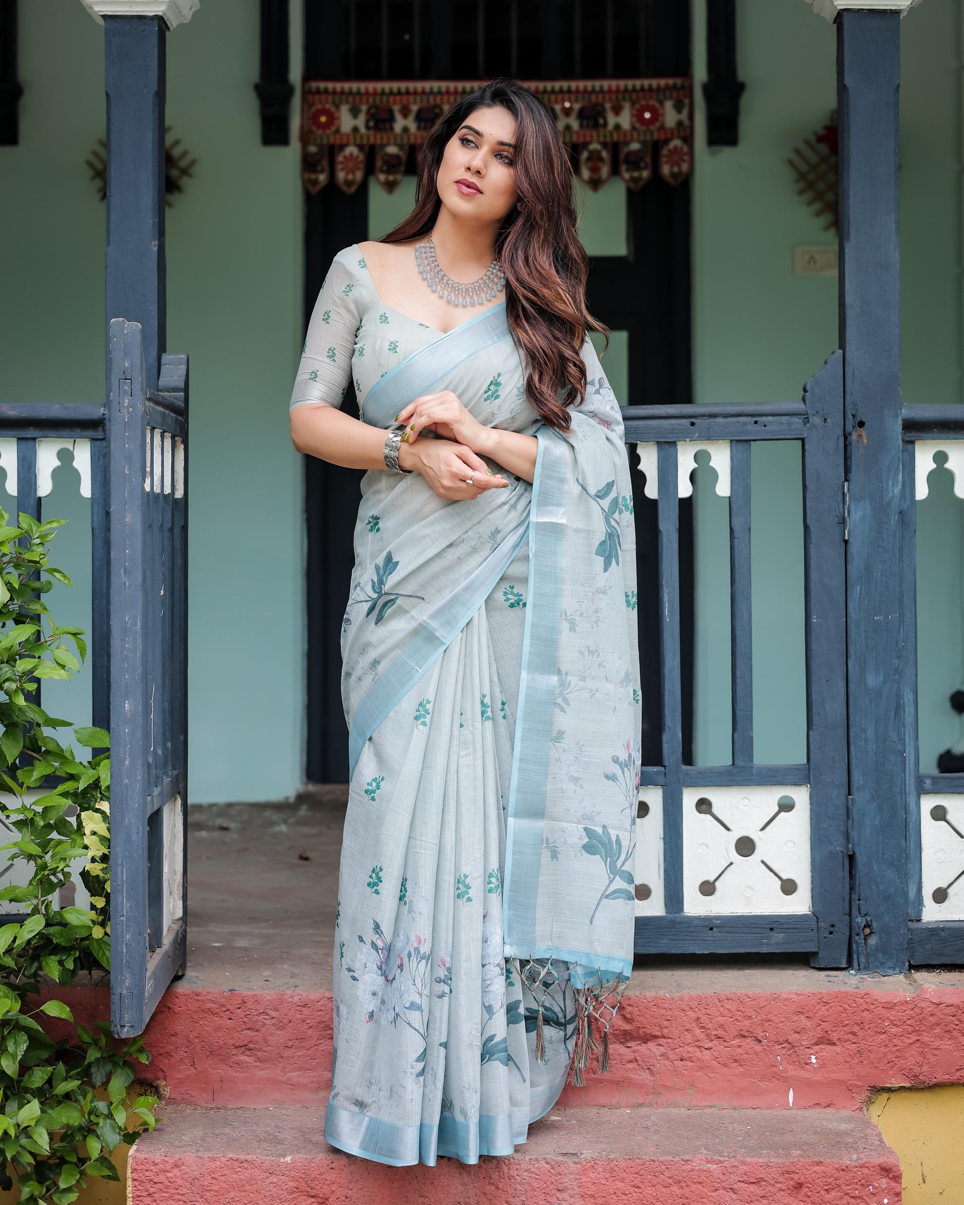 Pastel Grey Pure Cotton Linen Saree with Floral Print, , and Tassel Detailing With Unstitched Blouse
