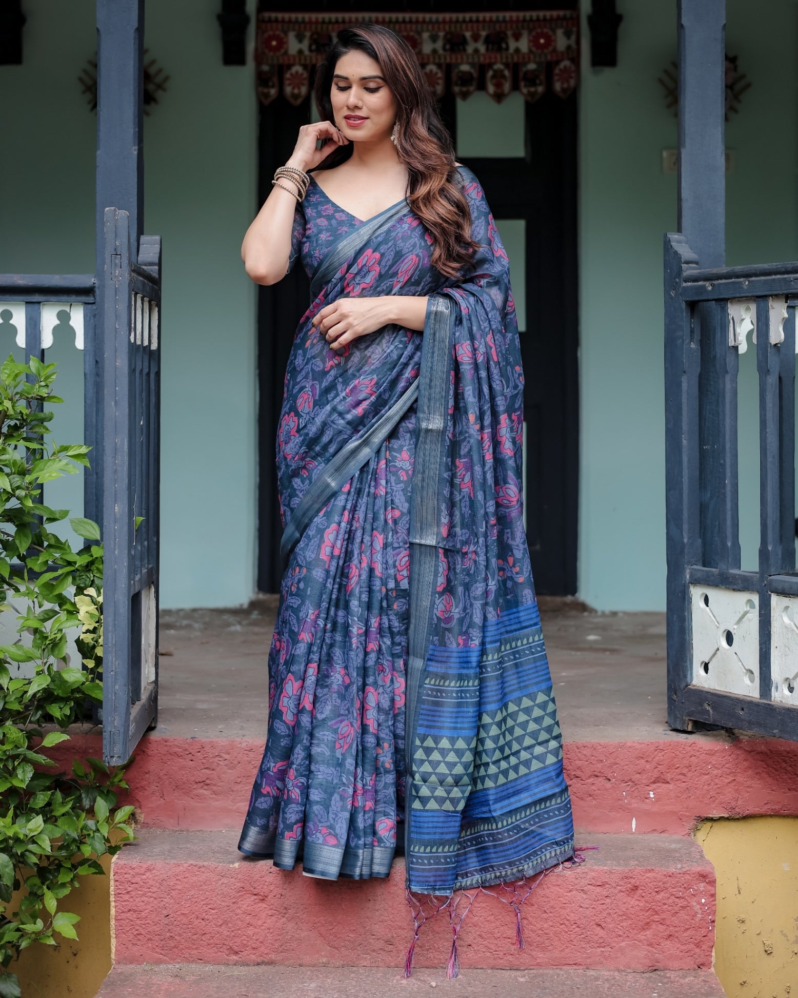Navy Blue Pure Cotton Linen Saree with Floral Print, , and Tassel Detailing With Unstitched Blouse