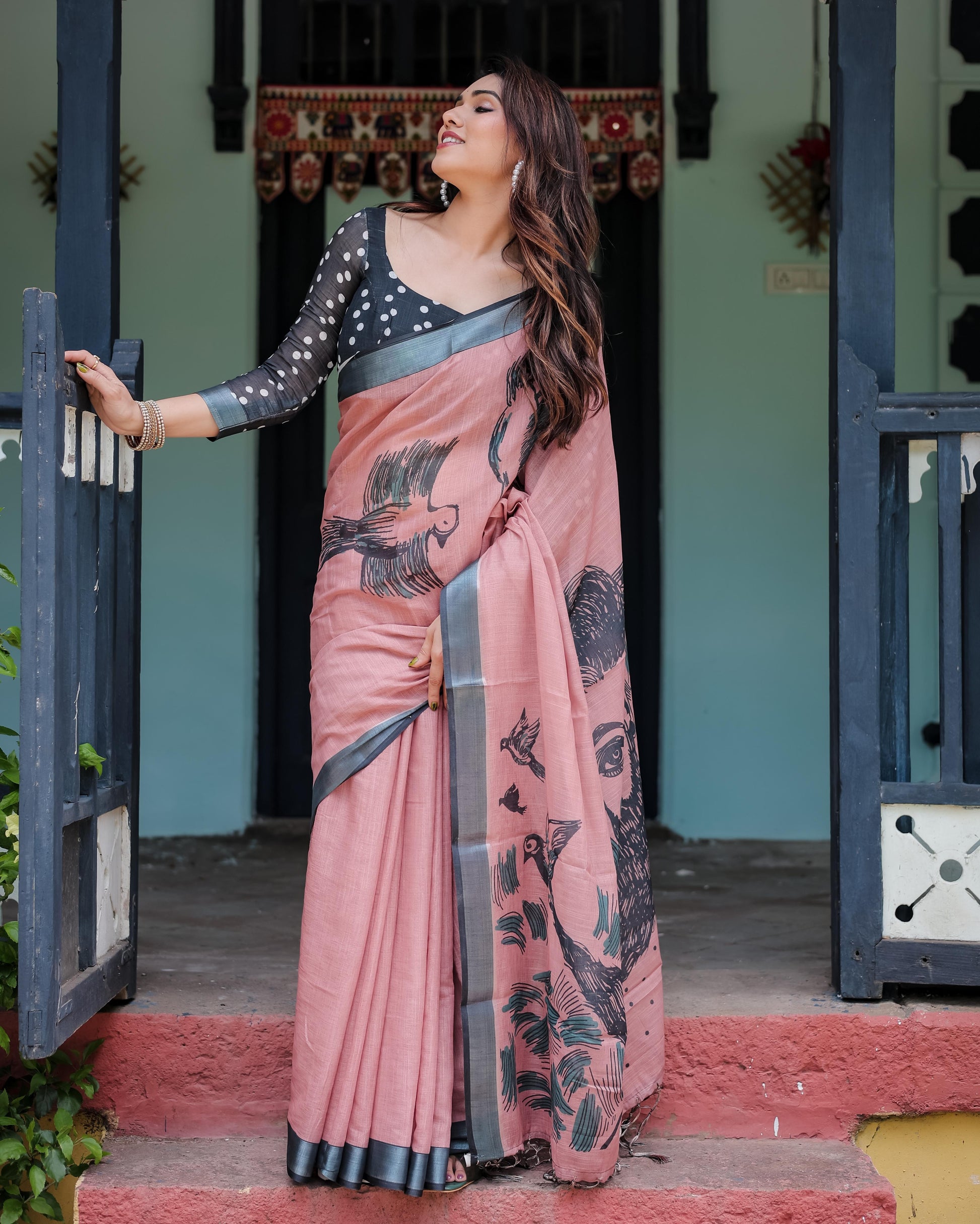 Blush Pink Pure Cotton Linen Saree with Contrast Polka Dot and Tassel Detailing With Unstitched Blouse