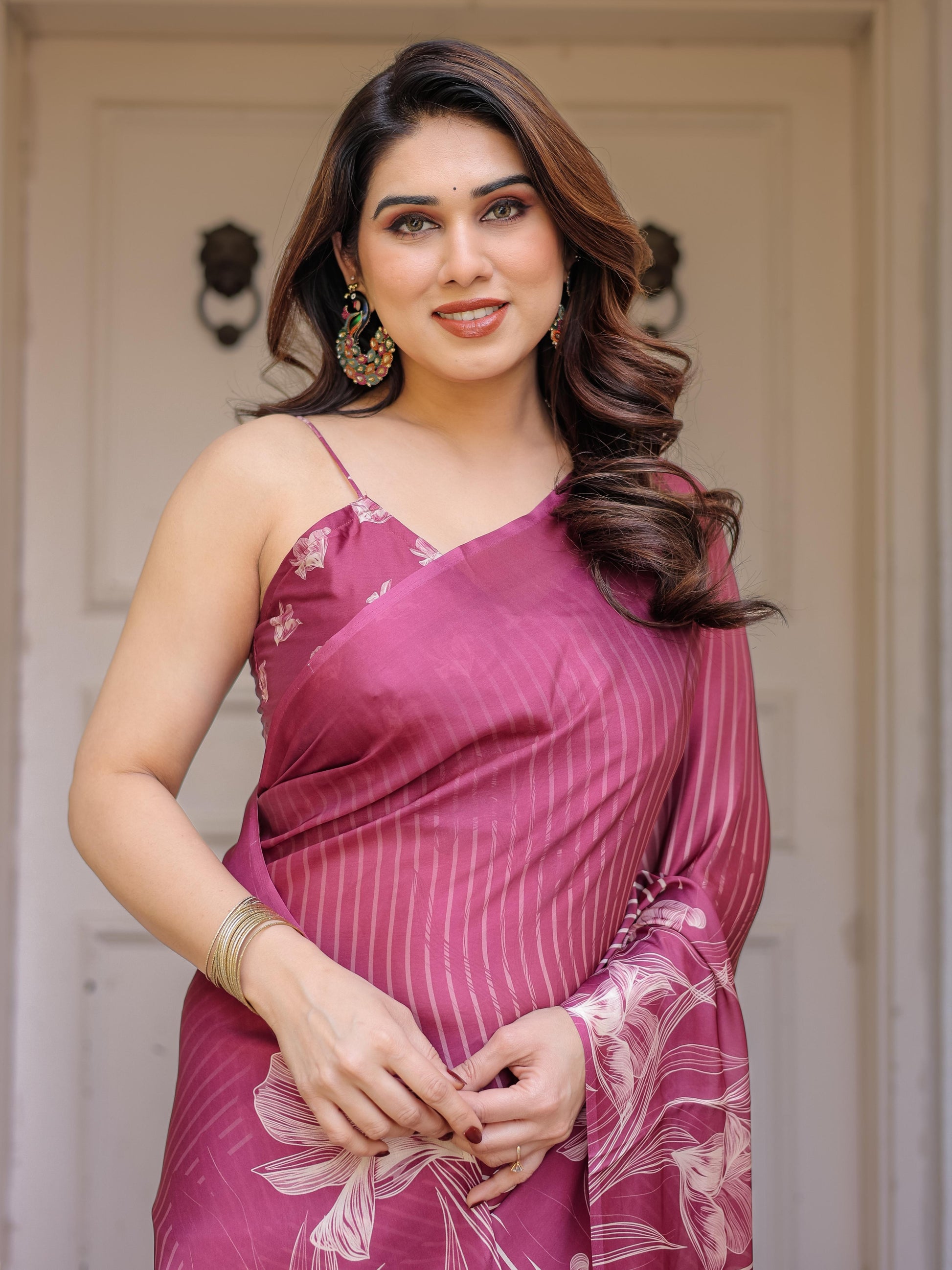 Wine Pink Stripe Print Satin Georgette Saree with Designer Blouse | Elegant Party Wear Saree
