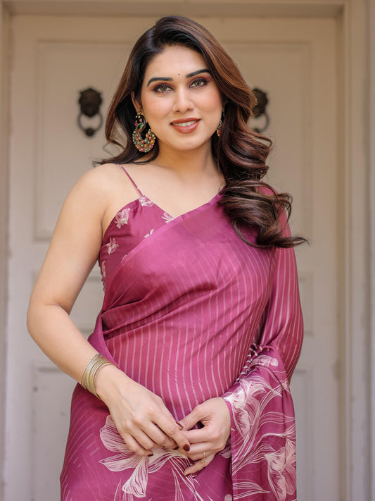Wine Pink Stripe Print Satin Georgette Saree with Designer Blouse | Elegant Party Wear Saree