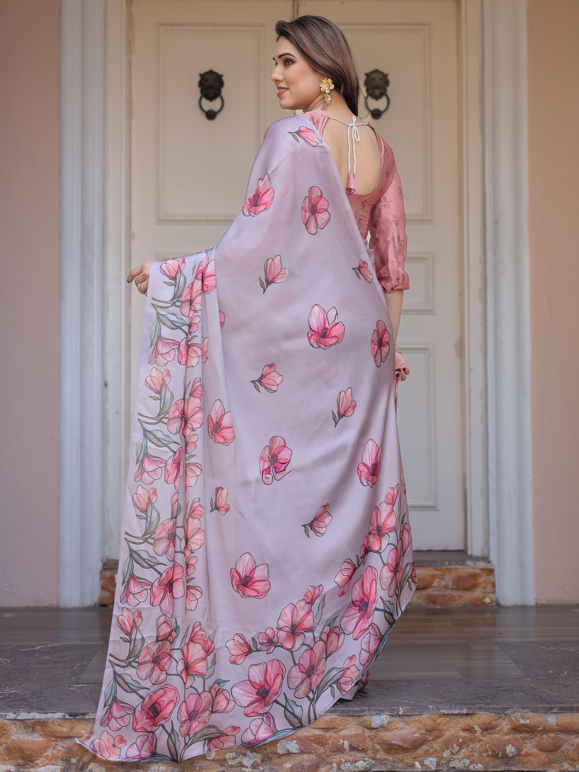 Lavender Satin Georgette Floral Printed Saree with Rose Pink Blouse for Women | Elegant Soft Party Wear Designer Saree