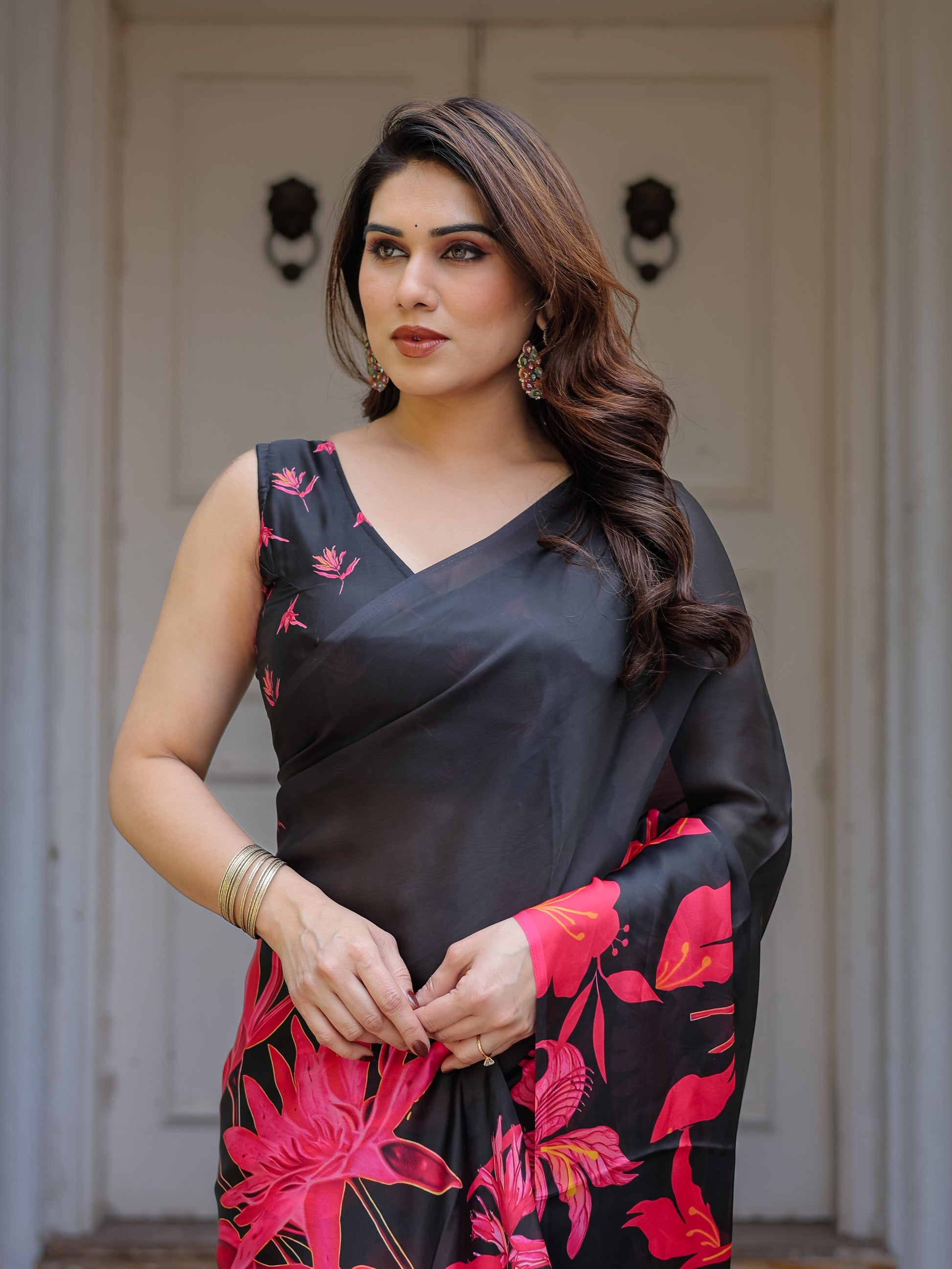 Black Red Floral Printed Satin Georgette Saree for Women with Designer Blouse | Elegant Party Wear Saree