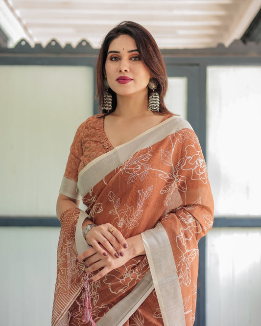 Terracotta Brown Floral Handprinted Pure Cotton Linen Saree Tassels With Unstitched Blouse