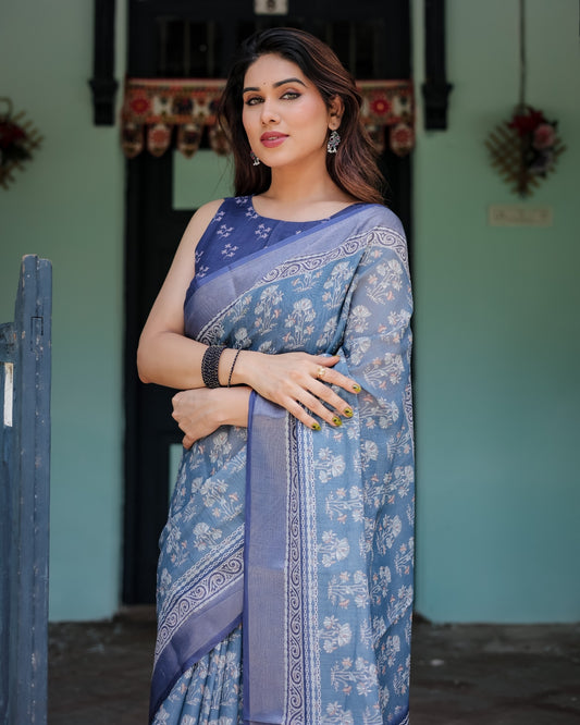 Elegant Blue Pure Cotton Linen Saree with Floral Pattern And Tassels on Edges With Unstitched Blouse