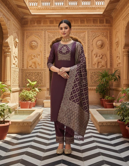 Women's Rayon Slub Embroidered Kurta Set with Bottom & Jacquard Dupatta | Stitched Ethnic Wear for Women