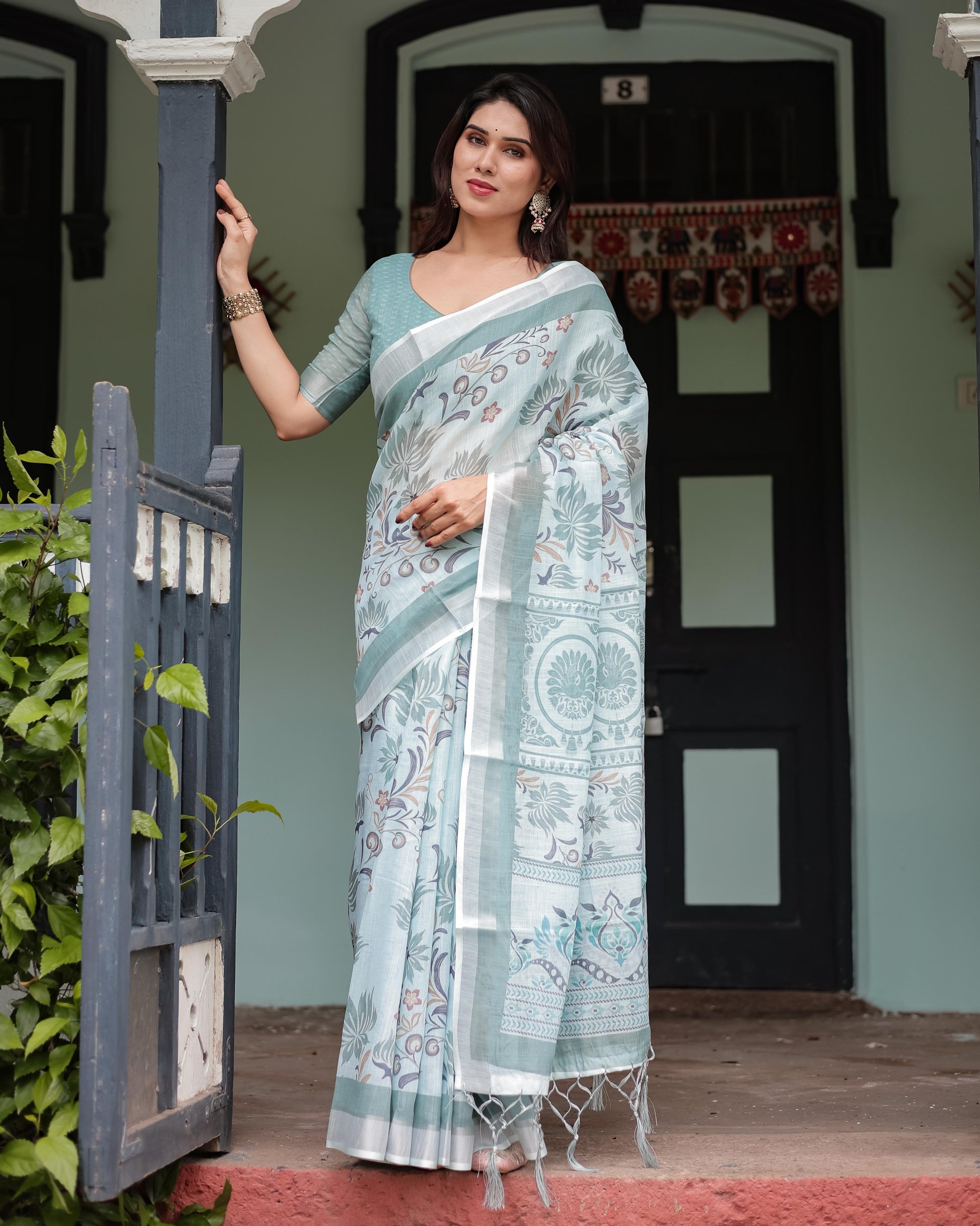 Mint Green Floral Pure Cotton Linen Saree and Tassels With Unstitched Blouse