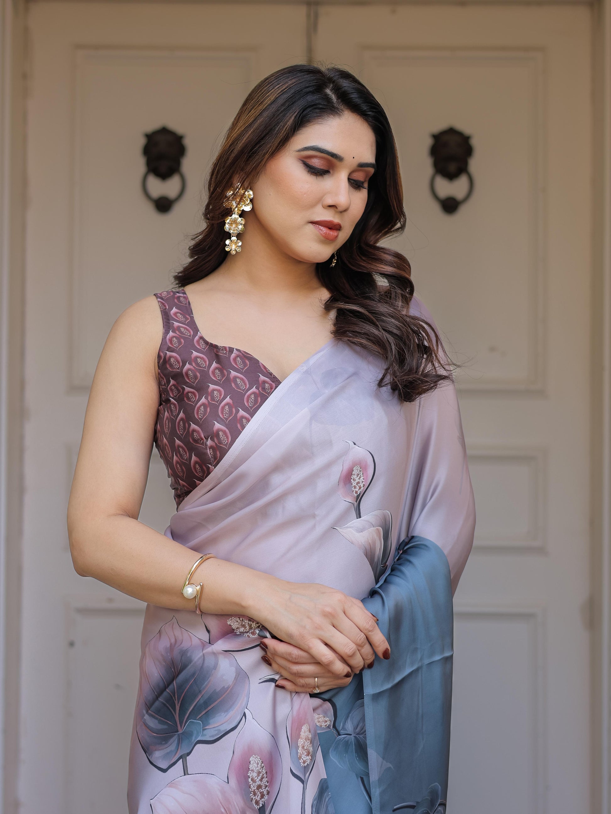 Grey Floral Print Satin Georgette Saree with Designer Blouse for Women | Elegant Soft Party Wear Saree