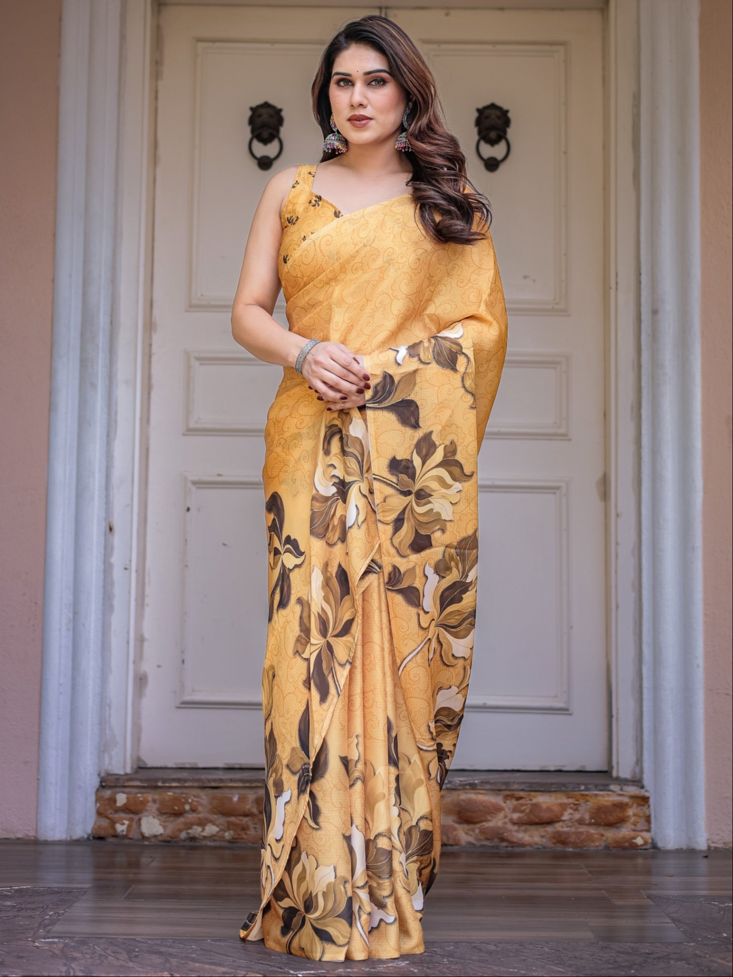 Mustard Floral Printed Satin Georgette Saree for Women with Designer Blouse | Elegant Soft Party Wear Saree