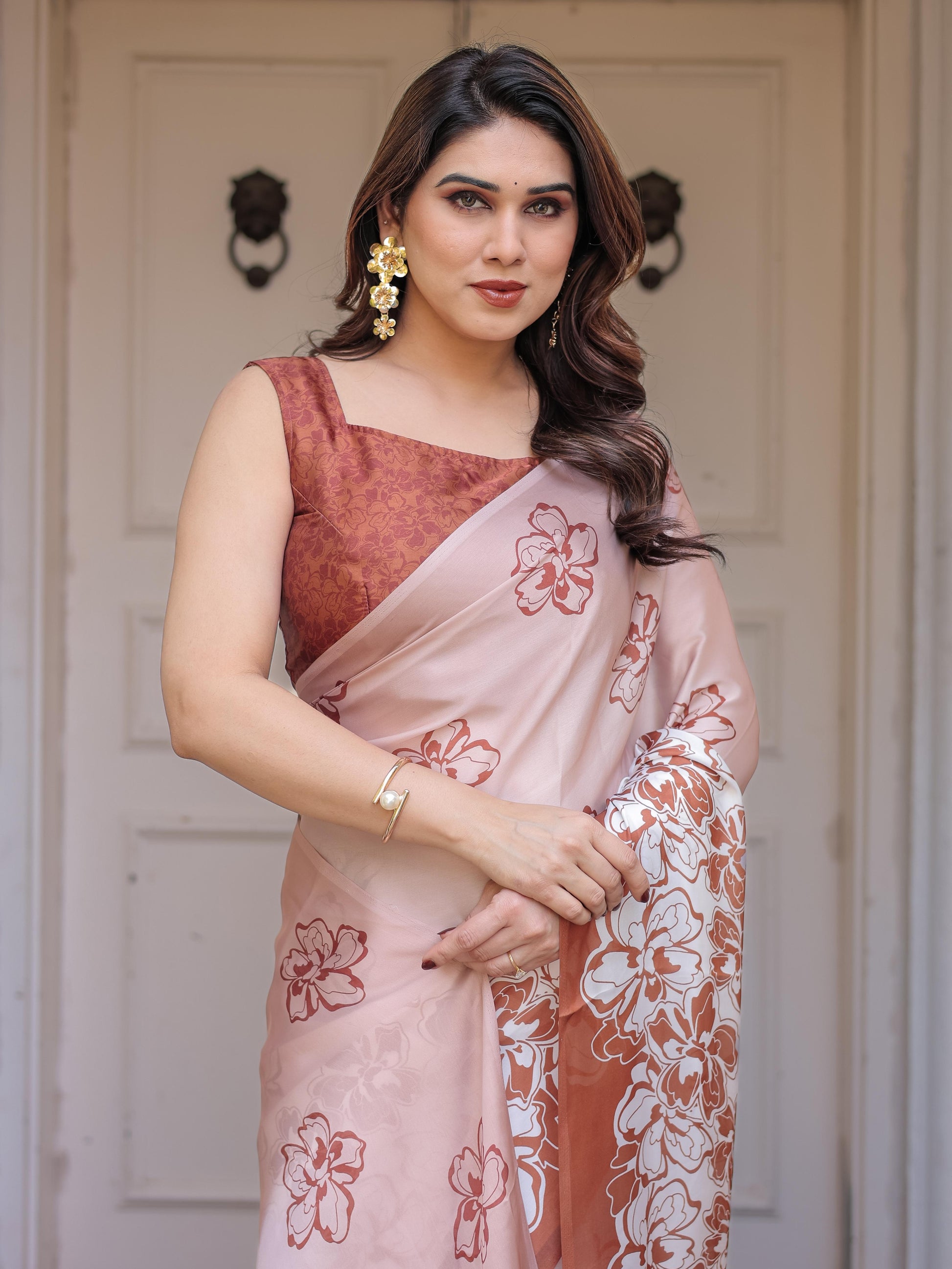 Peach Satin Georgette Floral Printed Saree with Rust Blouse for Women | Elegant Designer Party Wear Saree