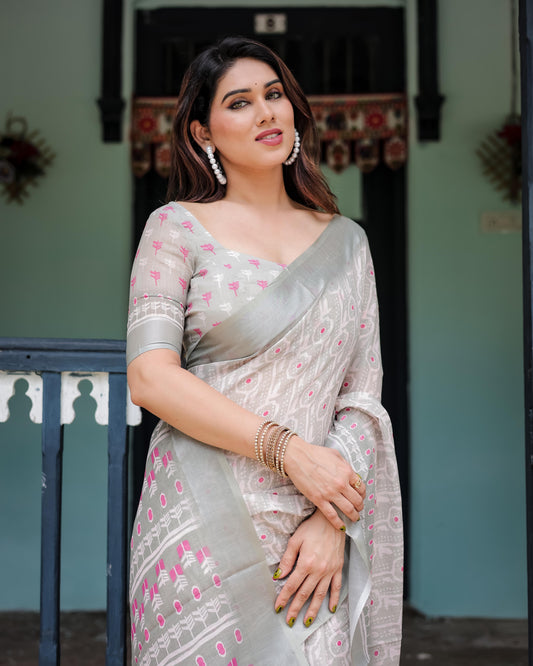 Soft Grey Pure Cotton Linen Saree with Pink and White Ikat Design, , and Tassel Detailing With Unstitched Blouse