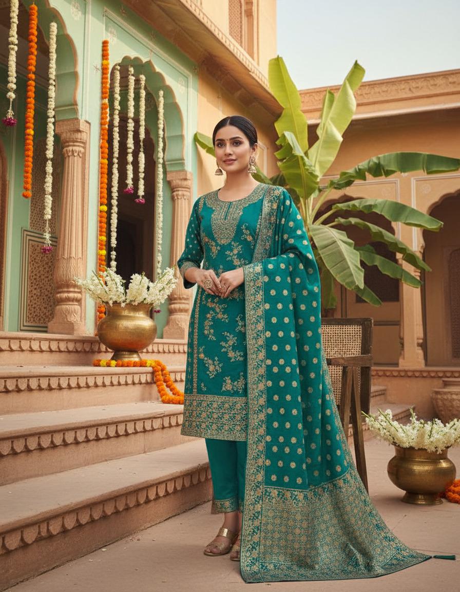 Women's Jacquard Polyester Kurta Set with Bottom & Jacquard Dupatta | Stitched Ethnic Wear for Women