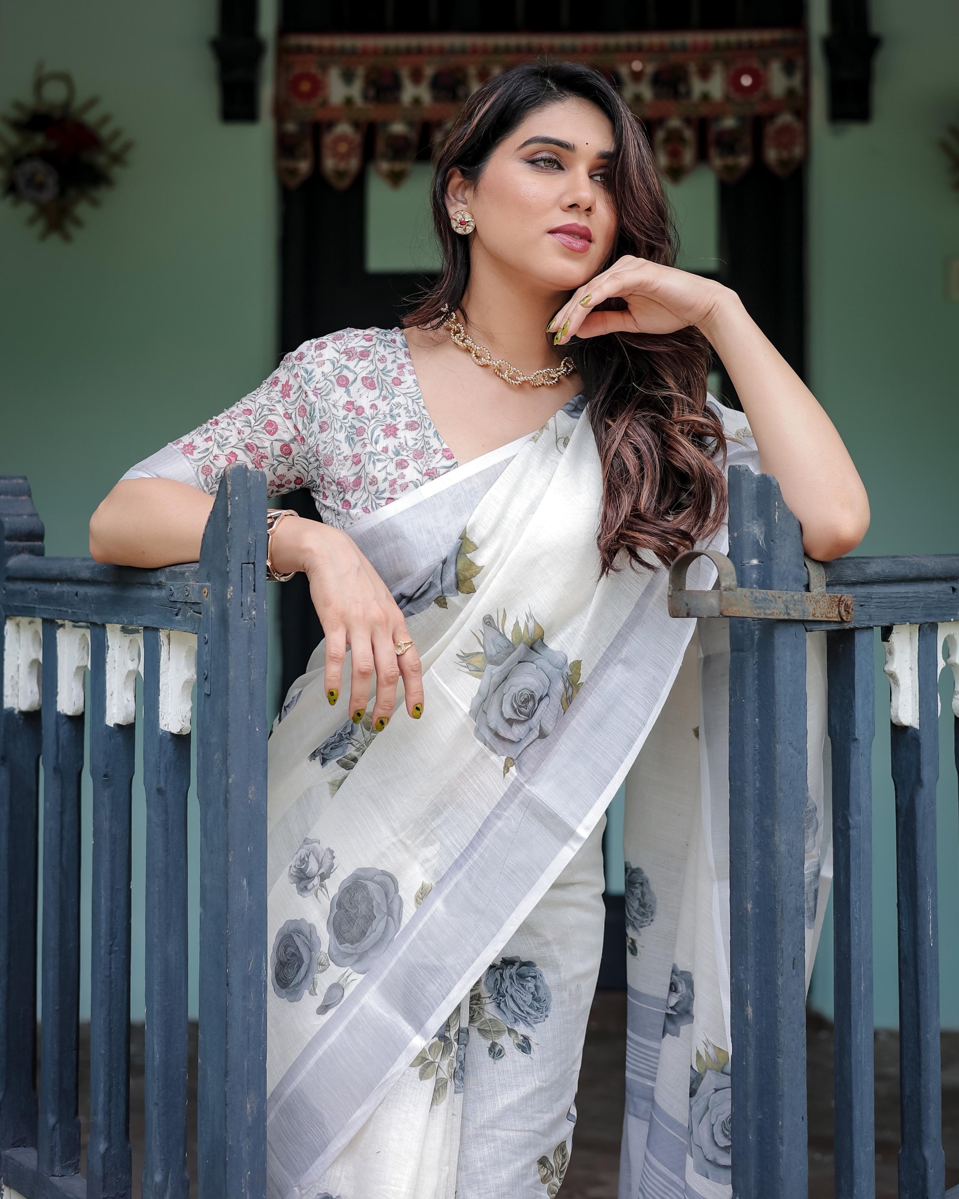 White and Grey Pure Cotton Linen Saree with Floral Print And Tassel Detailing With Unstitched Blouse