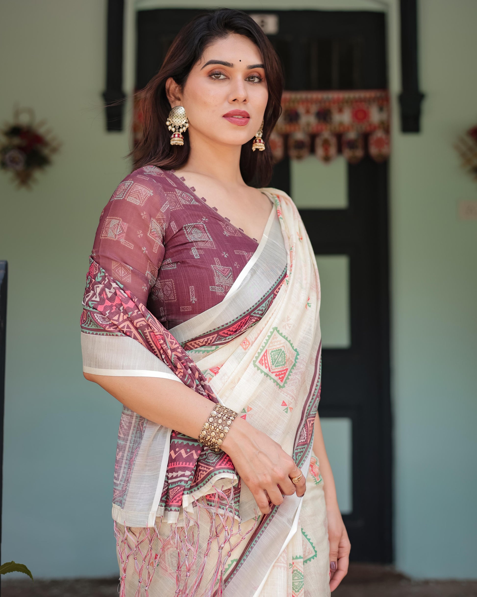 Off-white Pure Cotton Linen Saree Intricate Geometric Pattern and Tassels on Edges With Unstitched Blouse