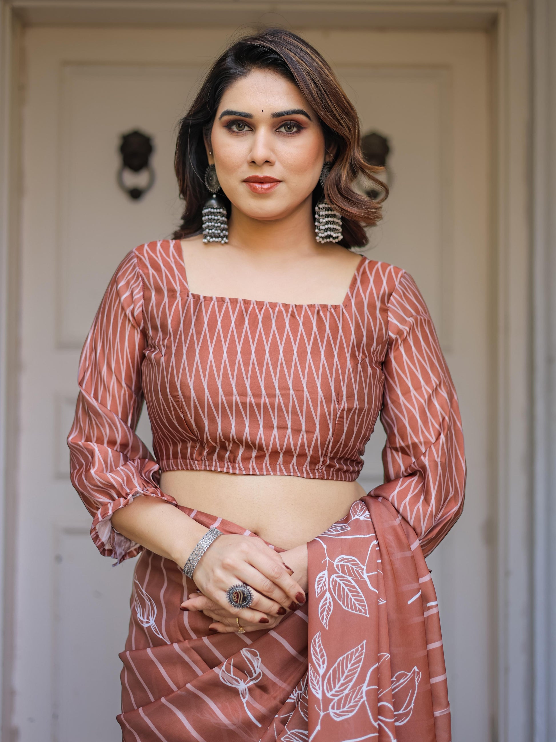 Rust Brown Striped Printed Satin Georgette Saree with Designer Blouse | Elegant Party Wear Saree for Women