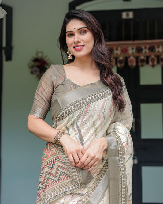 Cream and Olive Green Linen Printed Saree with Ethnic Pattern Border and Tassel Detailing with Unstitched Blouse for Women