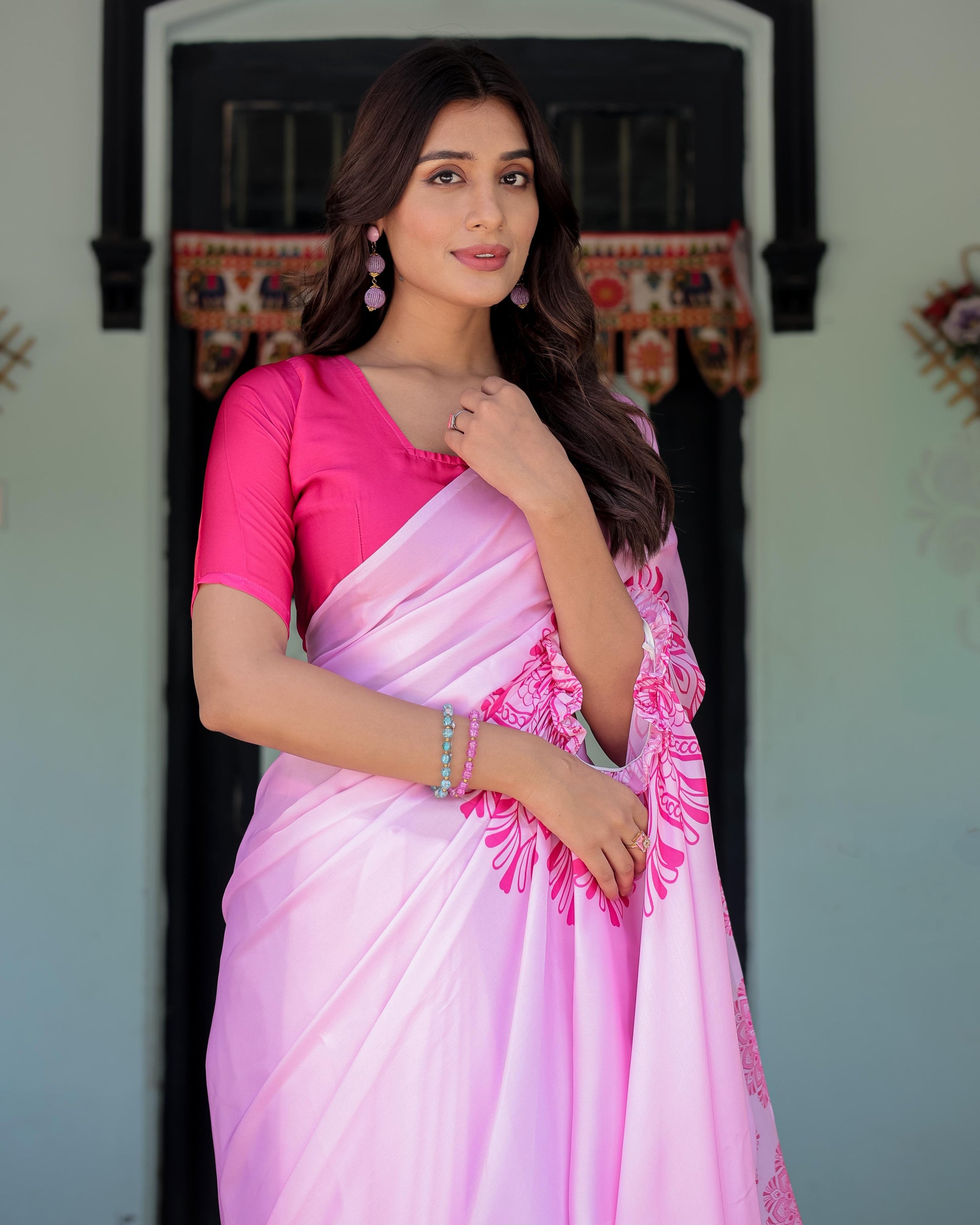 Elegant Baby Pink Satin Feel Saree with Mandala Print & Hot Pink Blouse Designer Partywear Saree with Attached Piece With Unstitched Blouse