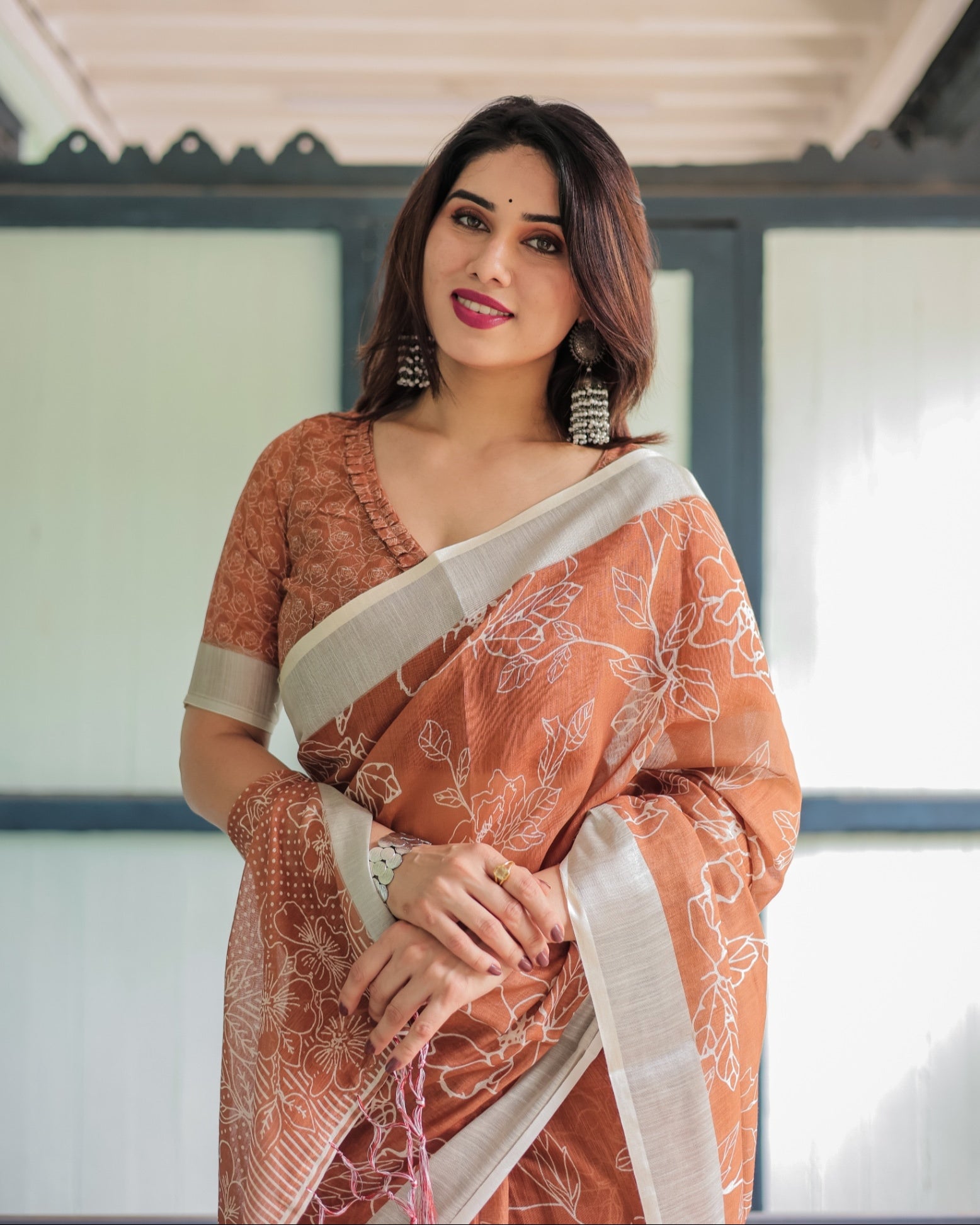Terracotta Brown Floral Handprinted Pure Cotton Linen Saree Tassels With Unstitched Blouse