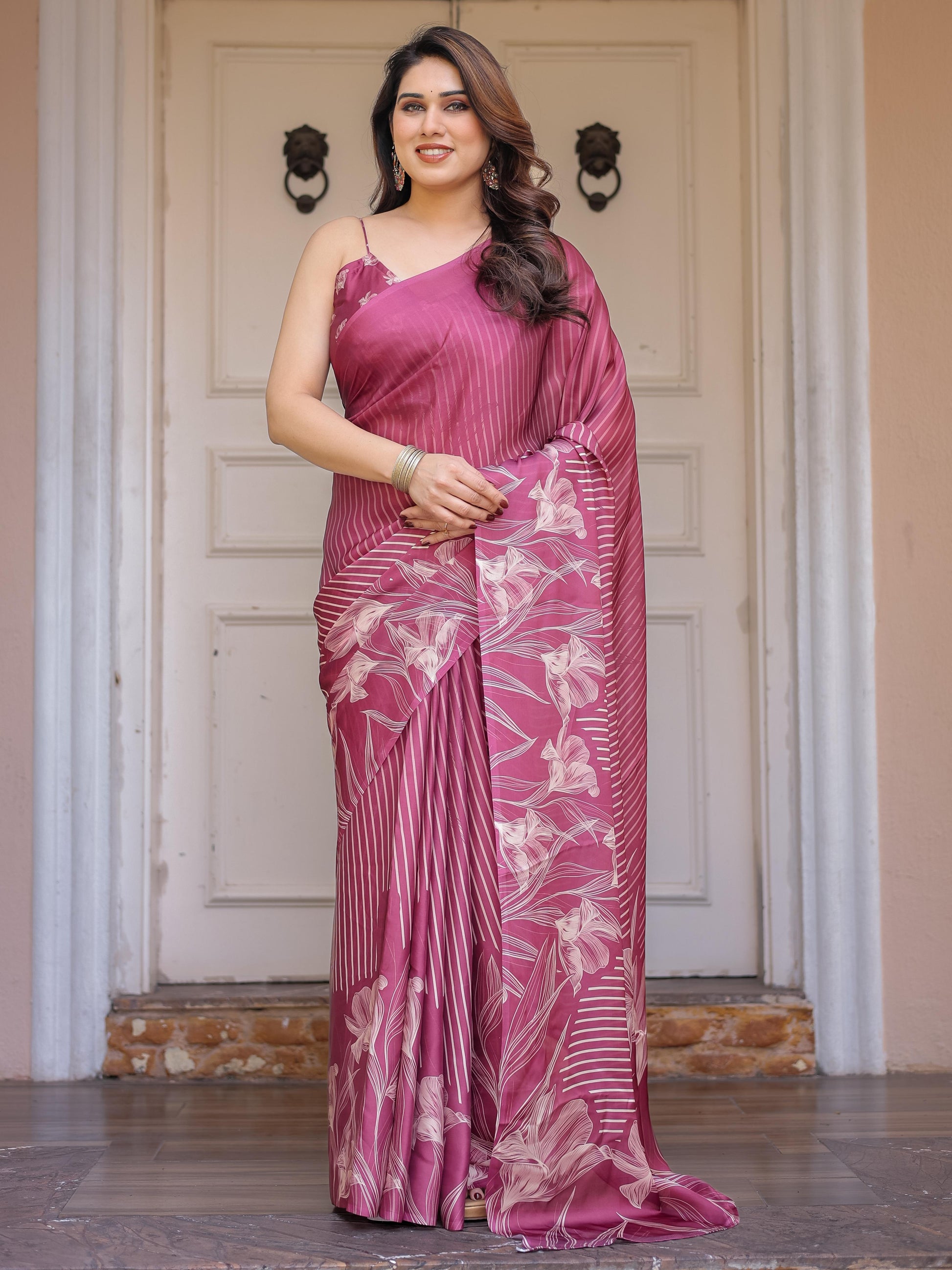 Wine Pink Stripe Print Satin Georgette Saree with Designer Blouse | Elegant Party Wear Saree