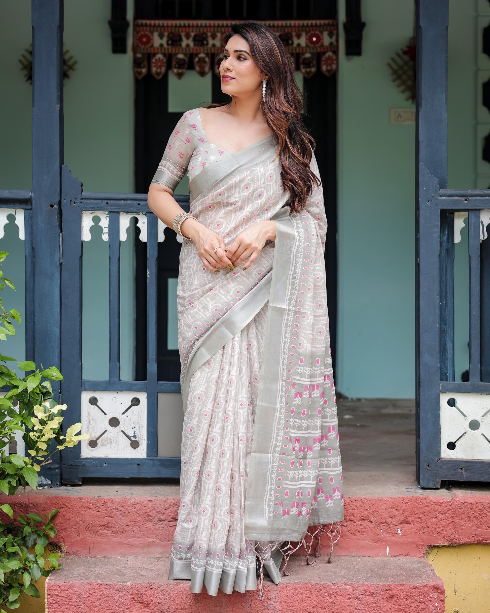 Soft Grey Pure Cotton Linen Saree with Pink and White Ikat Design, , and Tassel Detailing With Unstitched Blouse