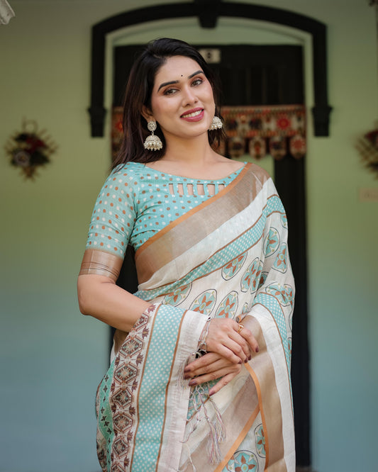 Beige With Aqua Pure Cotton Linen Saree Geometric Floral Design and Tassels on Edges With Unstitched Blouse