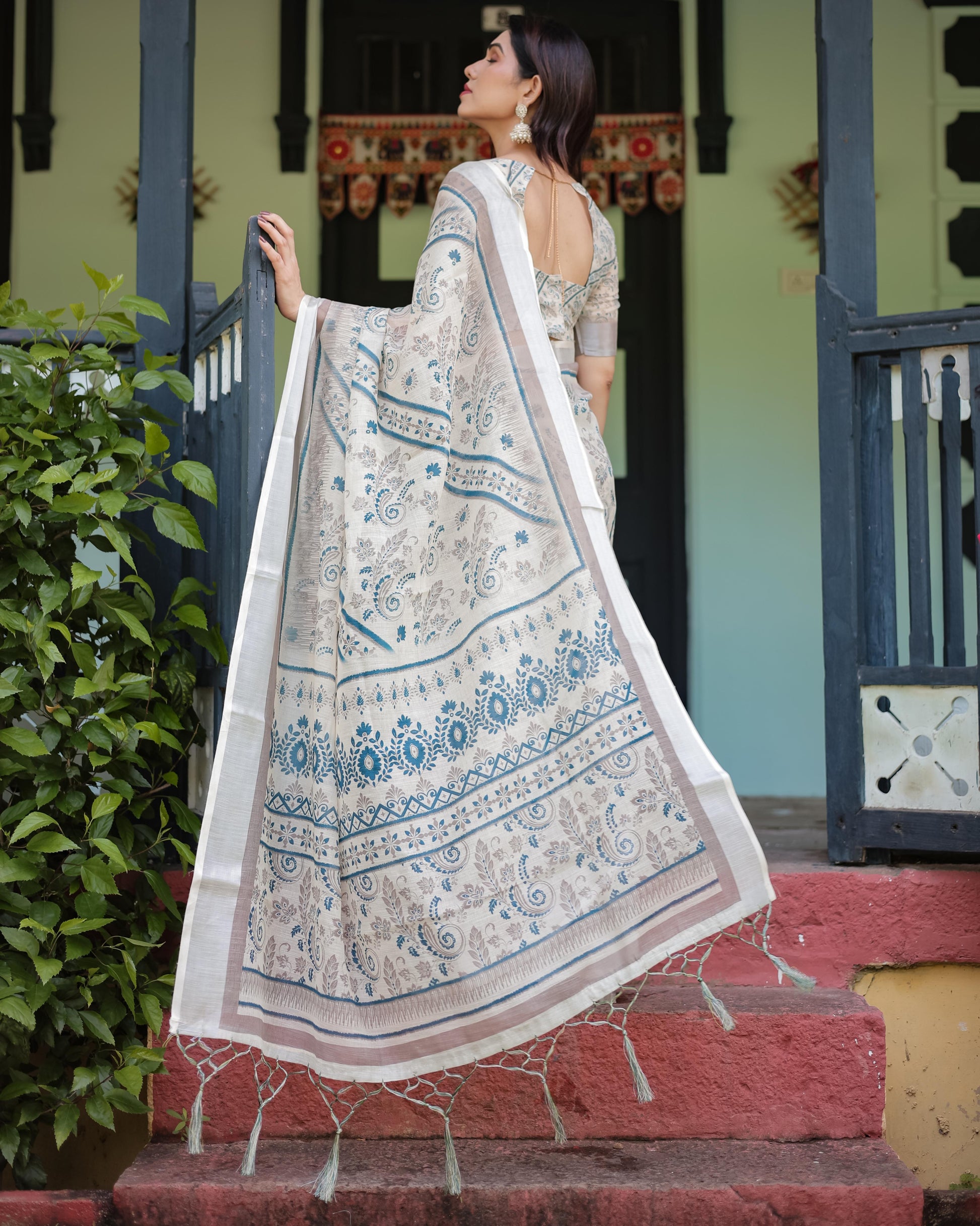 Beige and Blue Floral Printed Pure Cotton Linen Saree and Tassels With Unstitched Blouse