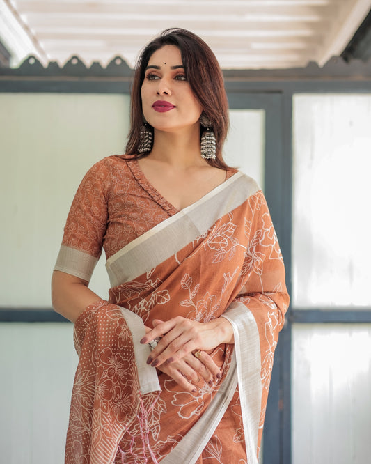 Terracotta Brown Floral Handprinted Pure Cotton Linen Saree Tassels With Unstitched Blouse