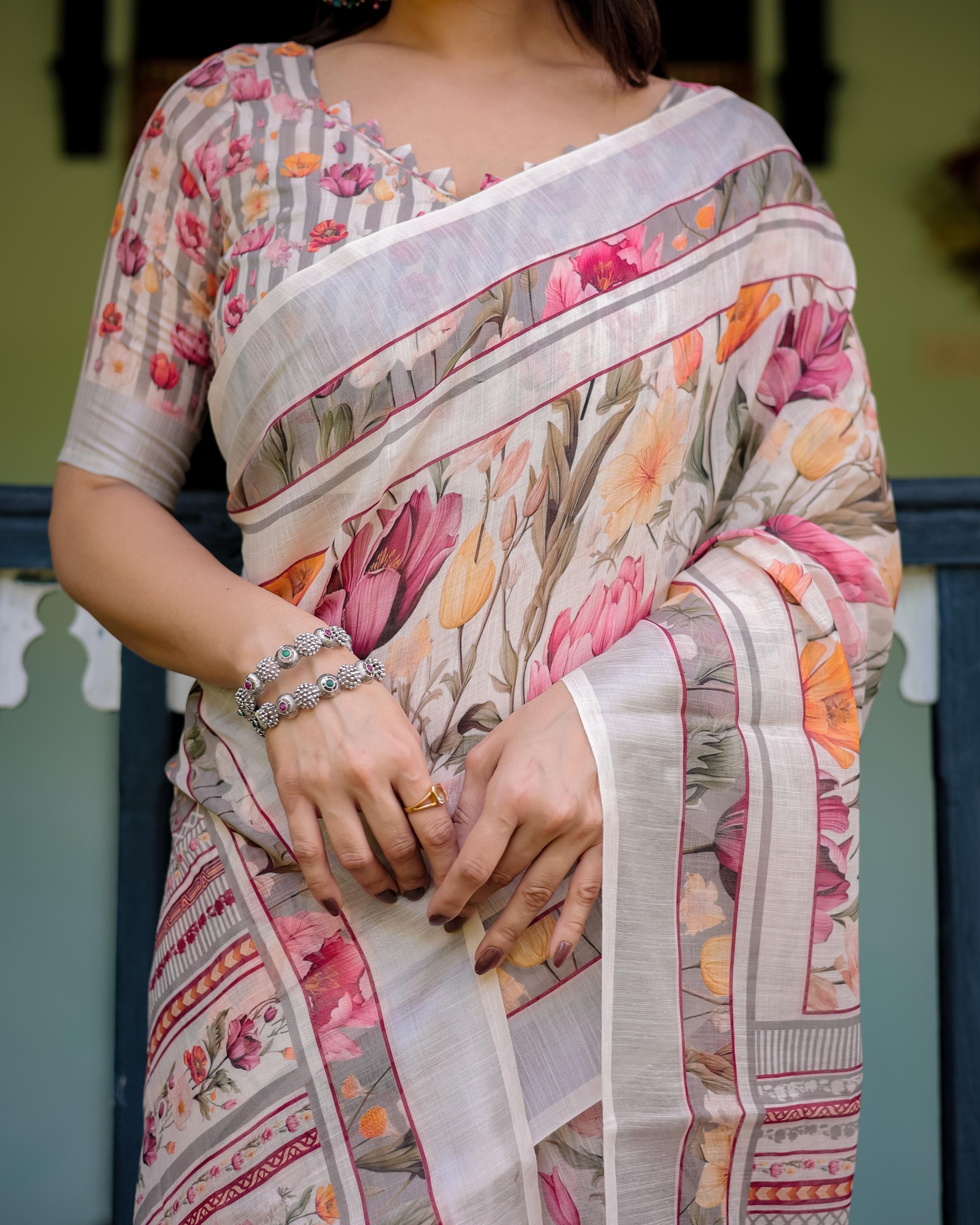 Elegant Floral Print Pure Cotton Linen Saree in Ivory with Multicolor Florals and Tassels With Unstitched Blouse