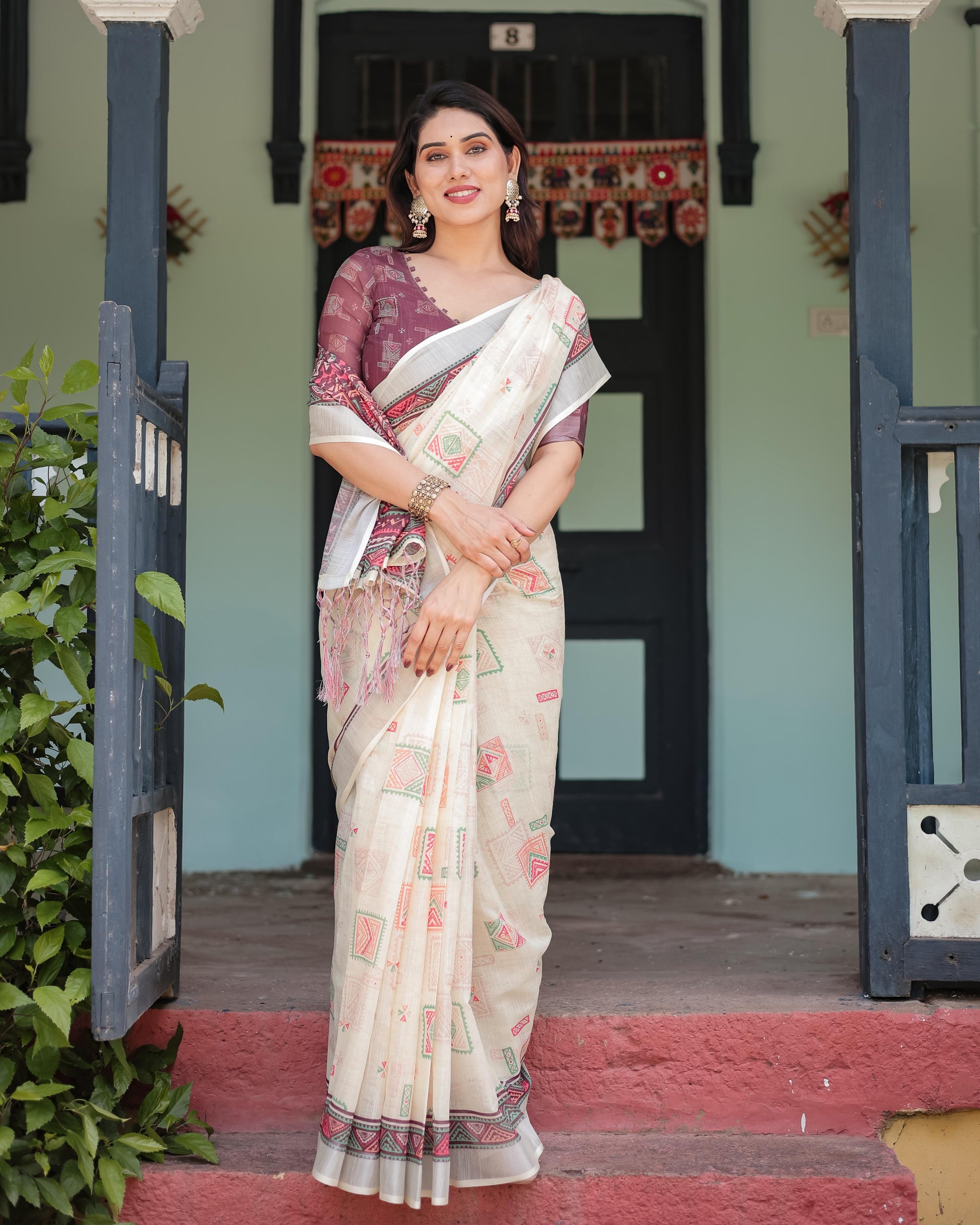 Off-white Pure Cotton Linen Saree Intricate Geometric Pattern and Tassels on Edges With Unstitched Blouse