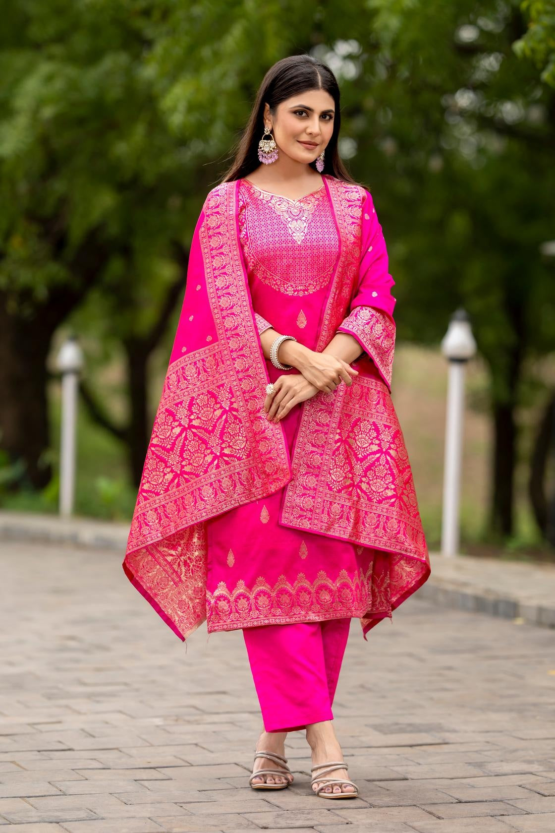 Women's Ethnic Kurta Set with Dupatta | Jacquard Work | Ready-to-Wear Suit Set