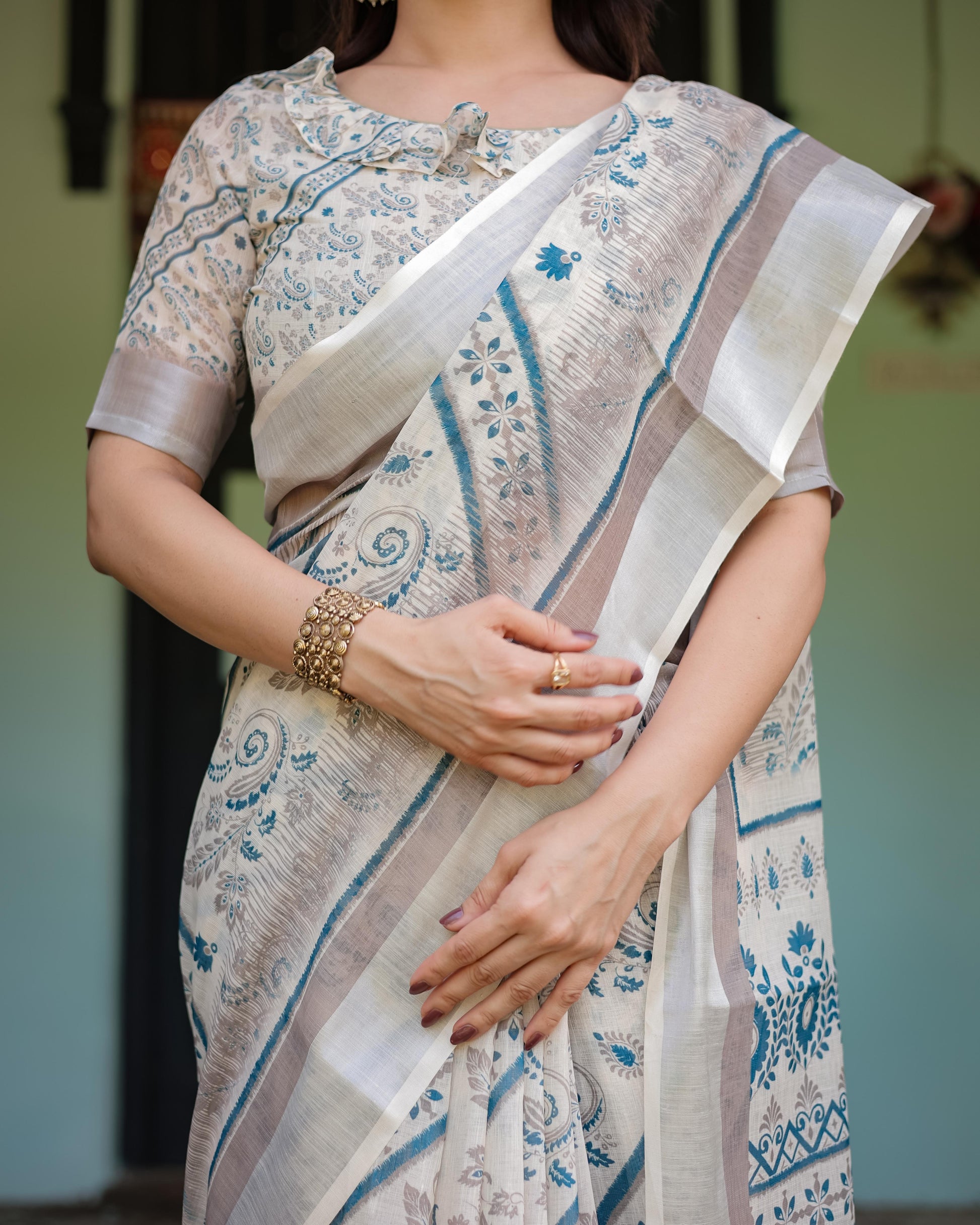 Beige and Blue Floral Printed Pure Cotton Linen Saree and Tassels With Unstitched Blouse