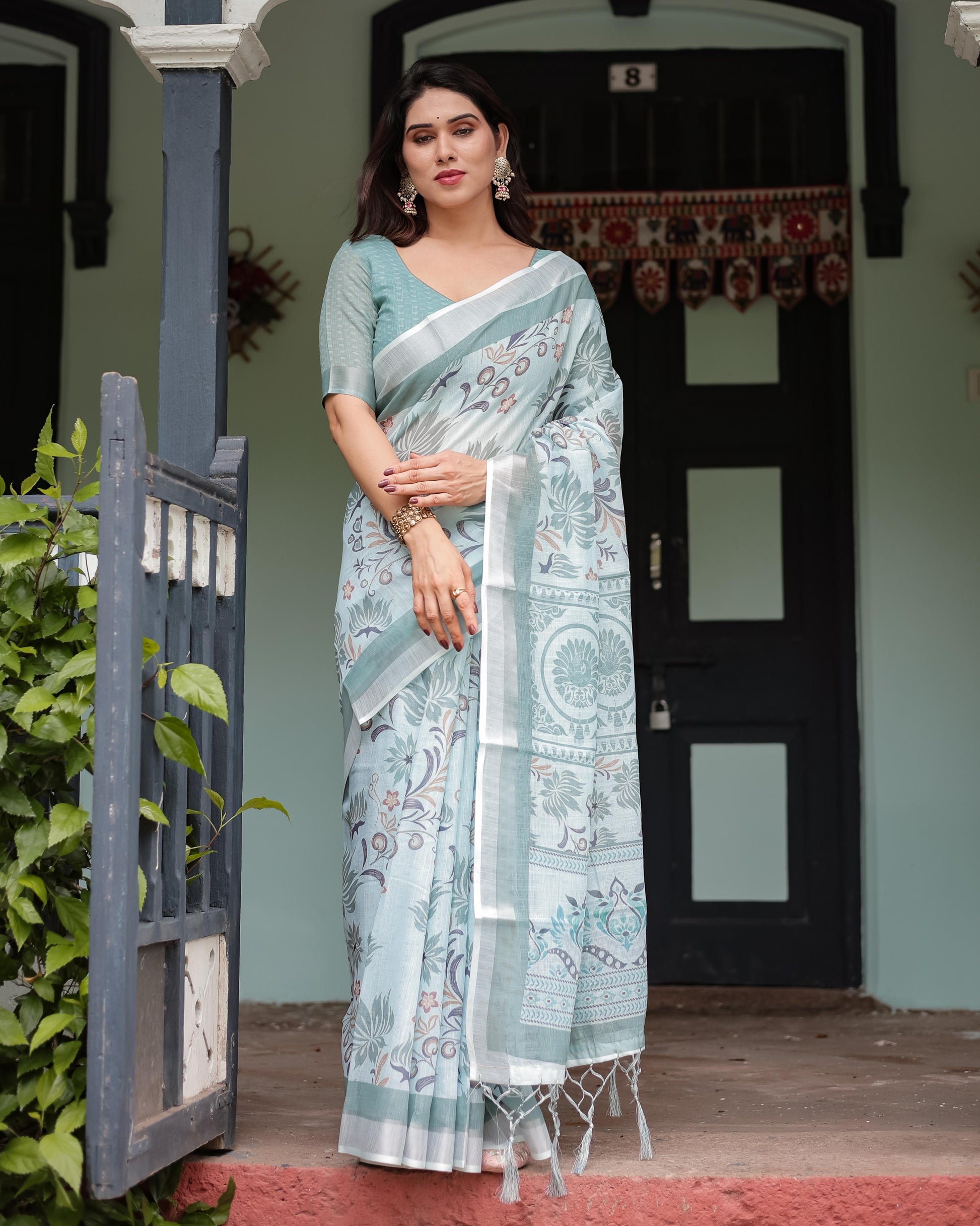 Mint Green Floral Pure Cotton Linen Saree and Tassels With Unstitched Blouse