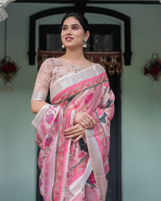 Dusty Pink Linen Floral Printed Saree with Elegant Border and Tassel Detailing with Unstitched Blouse for Women