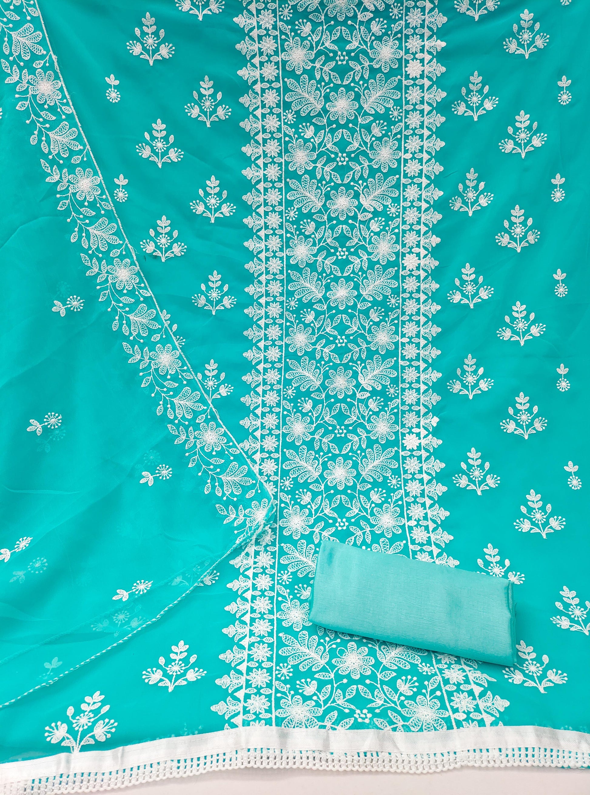 Georgette Embroidery Work Dress Material Set for Women with Santoon Bottom & Inner and Matching Dupatta | Unstitched Salwar Suit Fabric (Top 2m, Bottom & Inner 3.6m, Dupatta 2.1m)