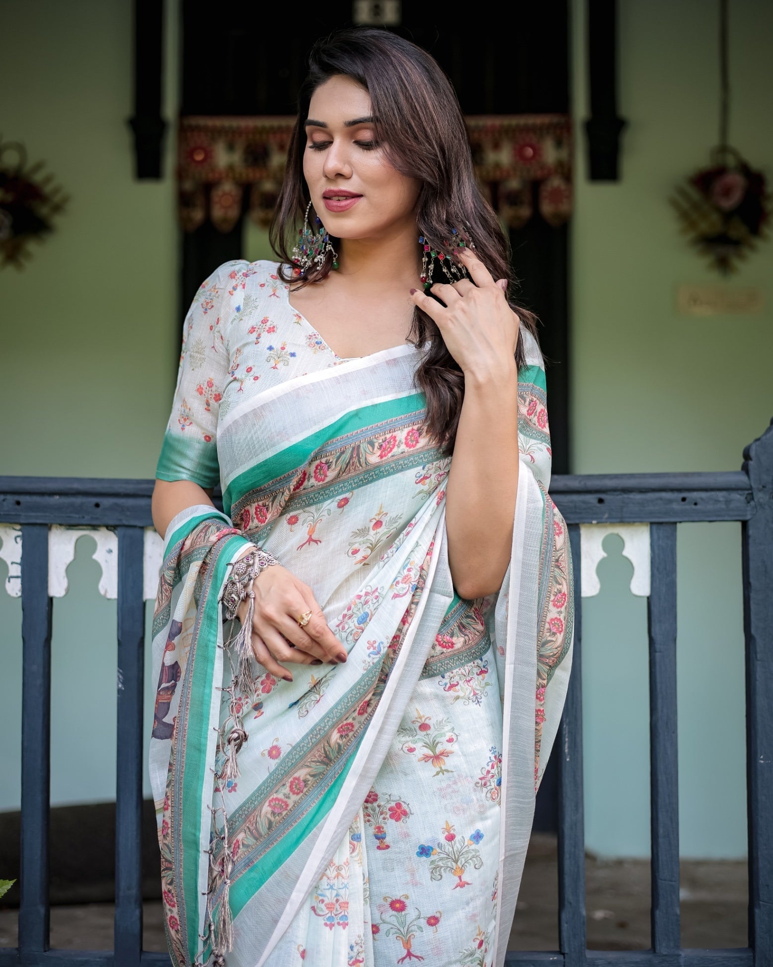 Ivory Pure Cotton Linen Saree Elephant Motif and Floral Pattern, Green and Pink Borders, and Tassels on Edges. With Unstitched Blouse